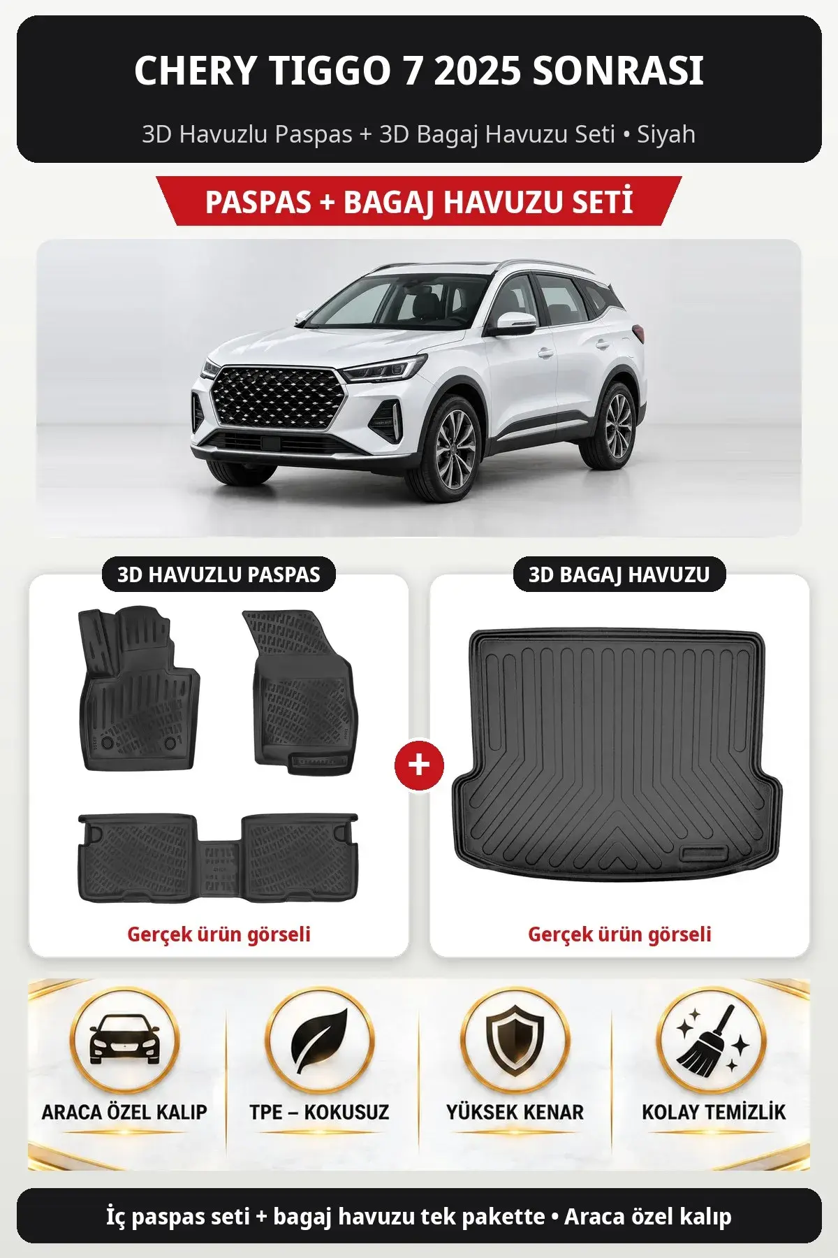 Chery Tiggo 7 2025 Sonrası 3D Havuzlu Paspas + 3D Bagaj Havuzu Seti Siyah (1)