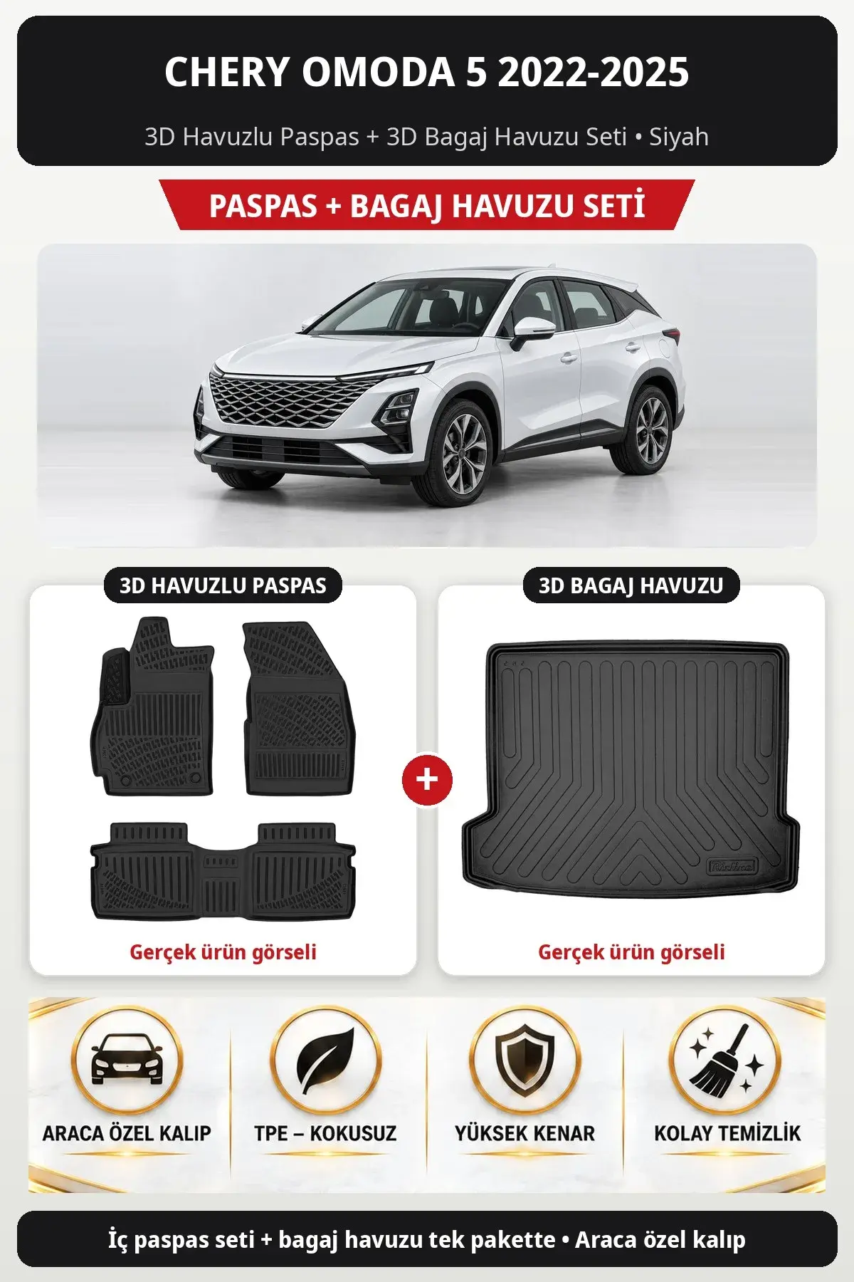 Chery Omoda 5 2022-2025 3D Havuzlu Paspas + 3D Bagaj Havuzu Seti Siyah (1)