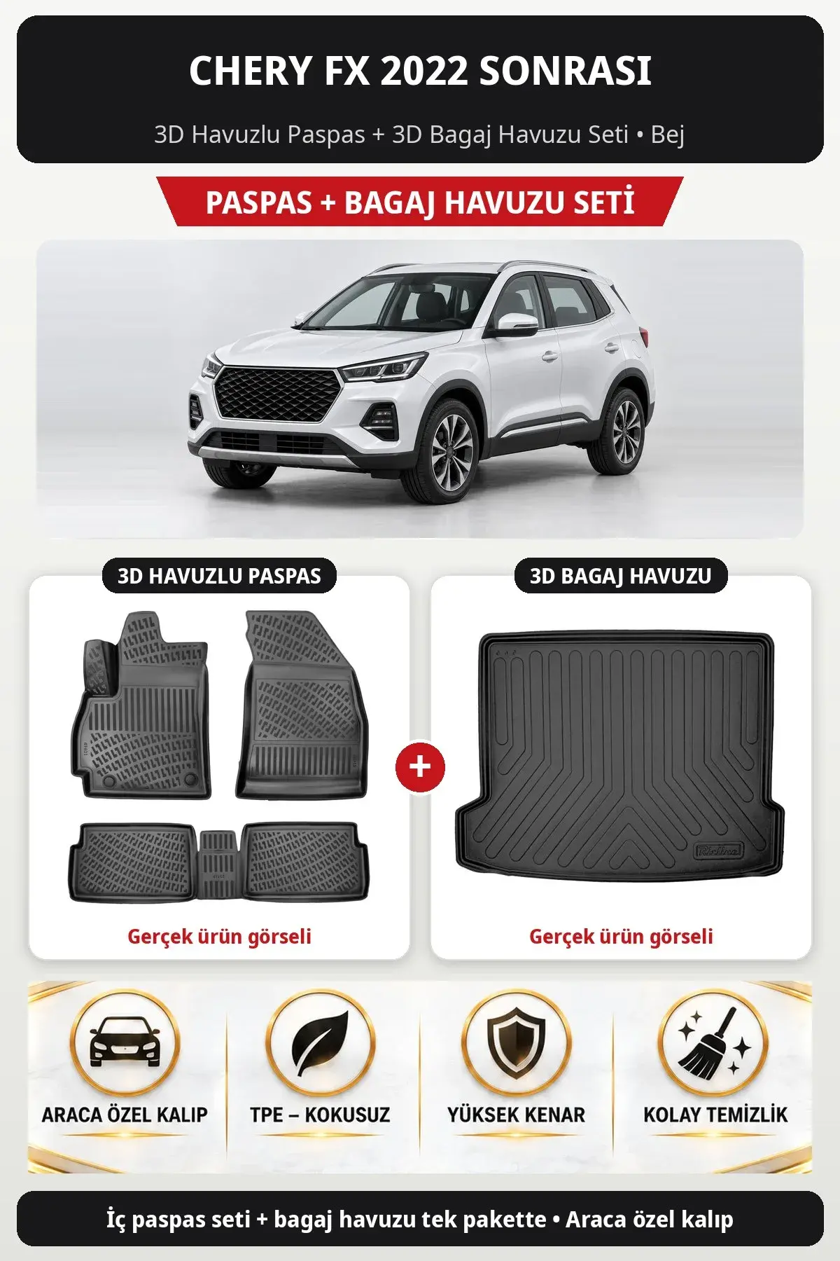 Chery FX 2022 Sonrası 3D Havuzlu Paspas + 3D Bagaj Havuzu Seti Bej (1)