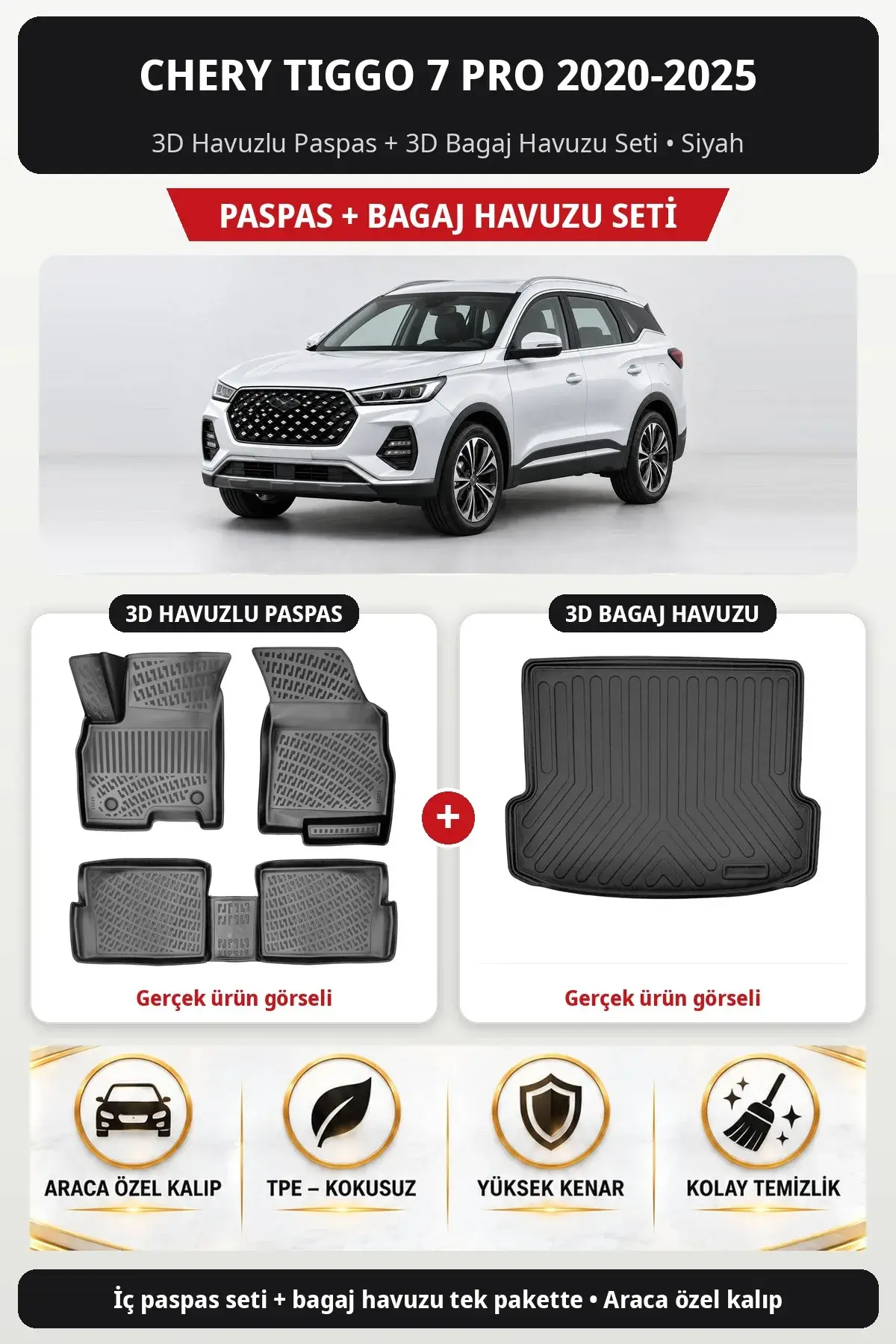 Chery Tiggo 7 Pro 2020-2025 3D Havuzlu Paspas + 3D Bagaj Havuzu Seti Siyah (1)