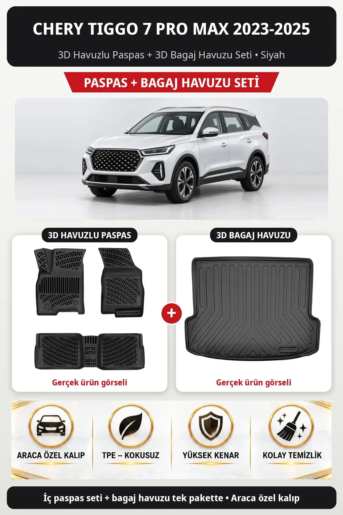 Chery Tiggo 7 Pro Max 2023-2025 3D Havuzlu Paspas + 3D Bagaj Havuzu Seti Siyah (1)