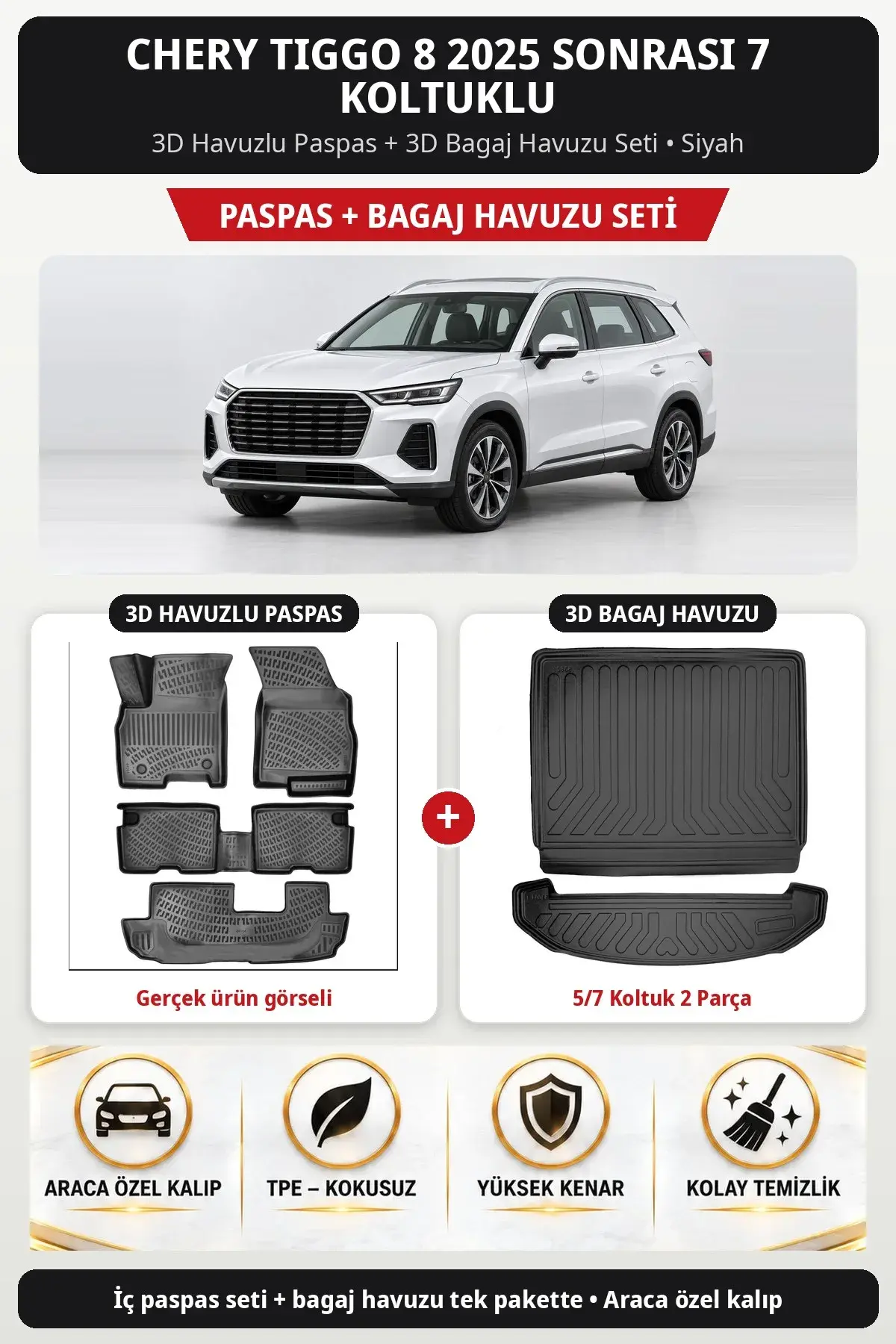 Chery Tiggo 8 2025 Sonrası 7 Koltuklu 3D Paspas + Bagaj Havuzu Seti (5/7 Koltuk 2 Parça) Siyah (1)