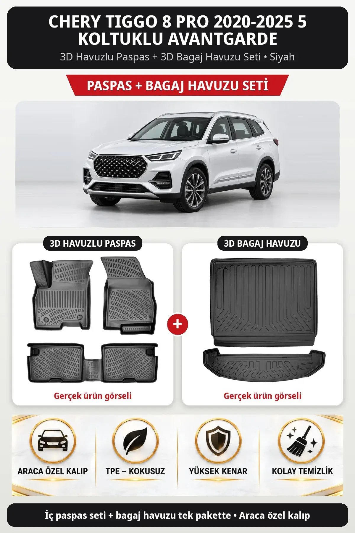 Chery Tiggo 8 Pro 2020-2025 5 Koltuklu Avantgarde 3D Havuzlu Paspas + 3D Bagaj Havuzu Seti Siyah (1)