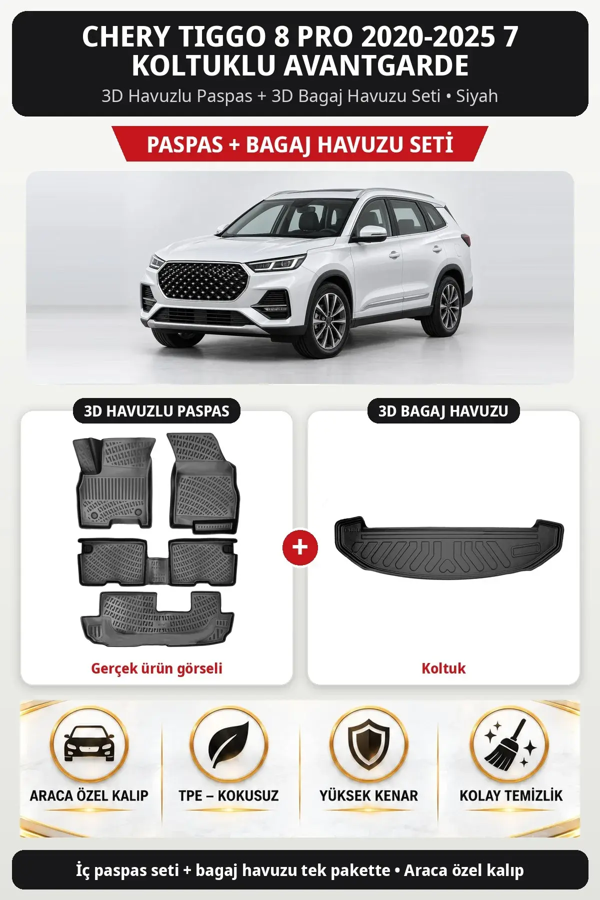 Chery Tiggo 8 Pro 2020-2025 7 Koltuklu Avantgarde 3D Paspas + Bagaj Havuzu Seti (Koltuk) Siyah (1)