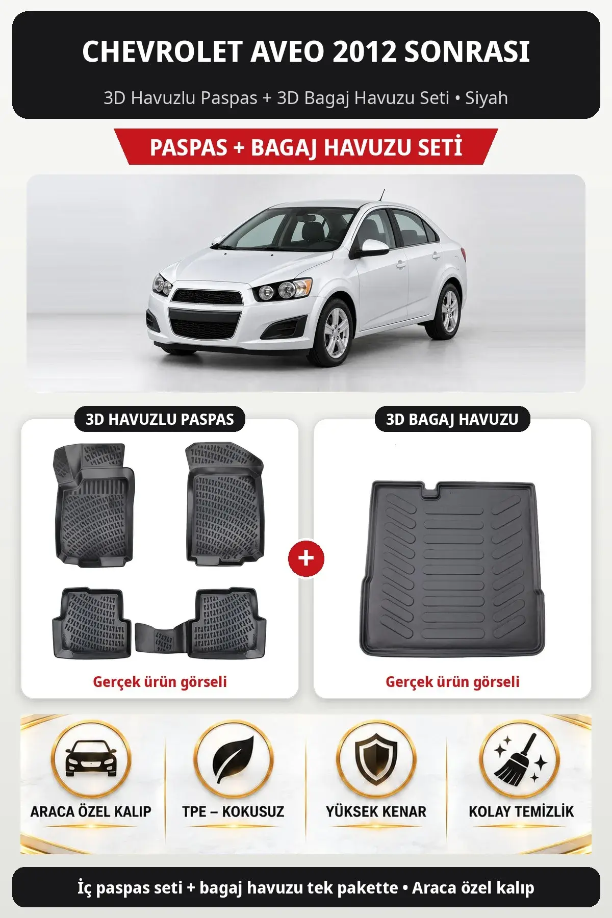 Chevrolet Aveo 2012 Sonrası 3D Havuzlu Paspas + 3D Bagaj Havuzu Seti Siyah (1)