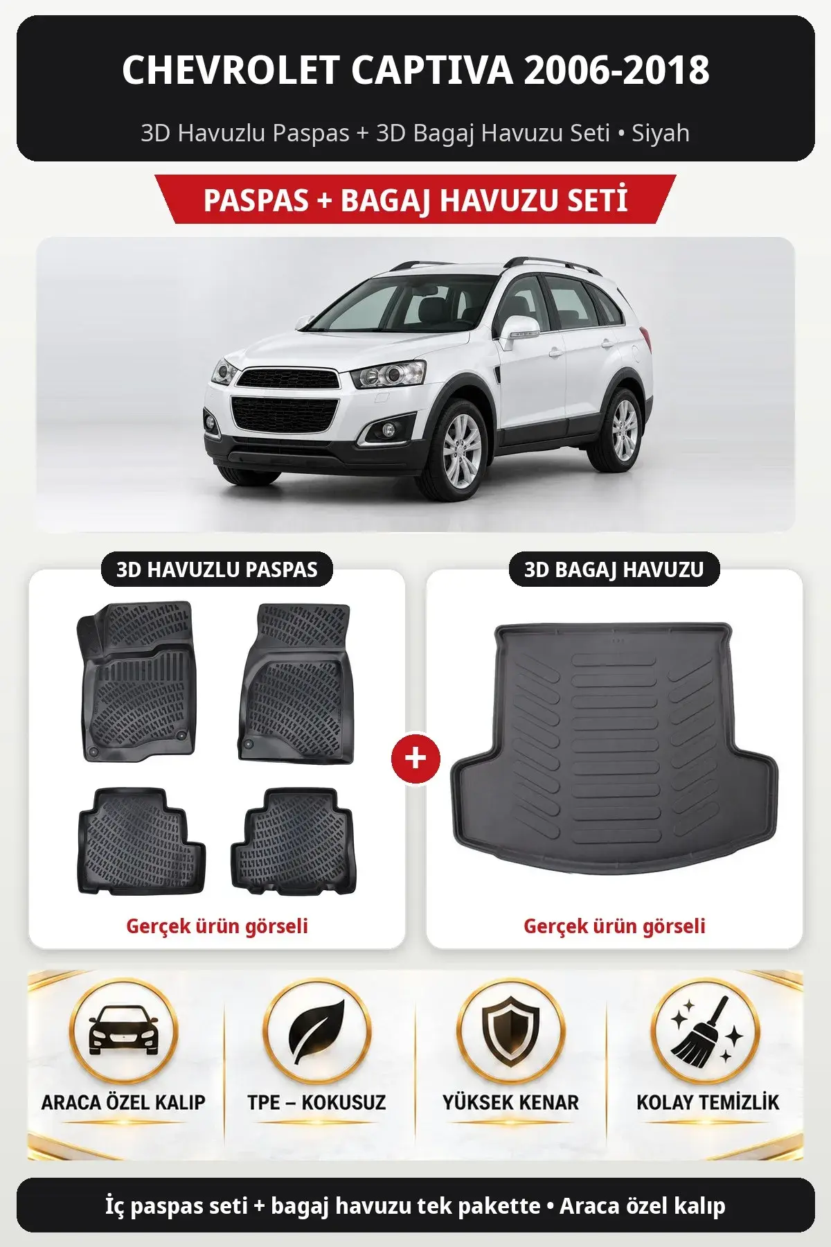 Chevrolet Captiva 2006-2018 3D Havuzlu Paspas + 3D Bagaj Havuzu Seti Siyah (1)
