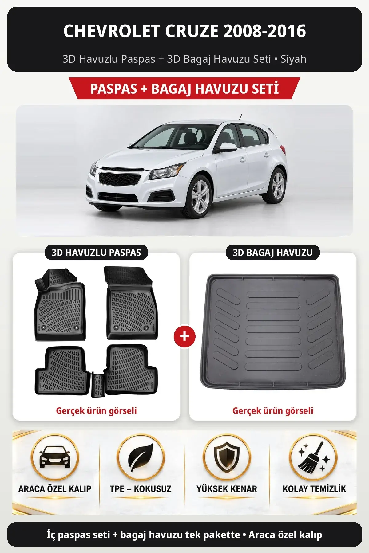 Chevrolet Cruze 2008-2016 3D Havuzlu Paspas + 3D Bagaj Havuzu Seti Siyah (1)