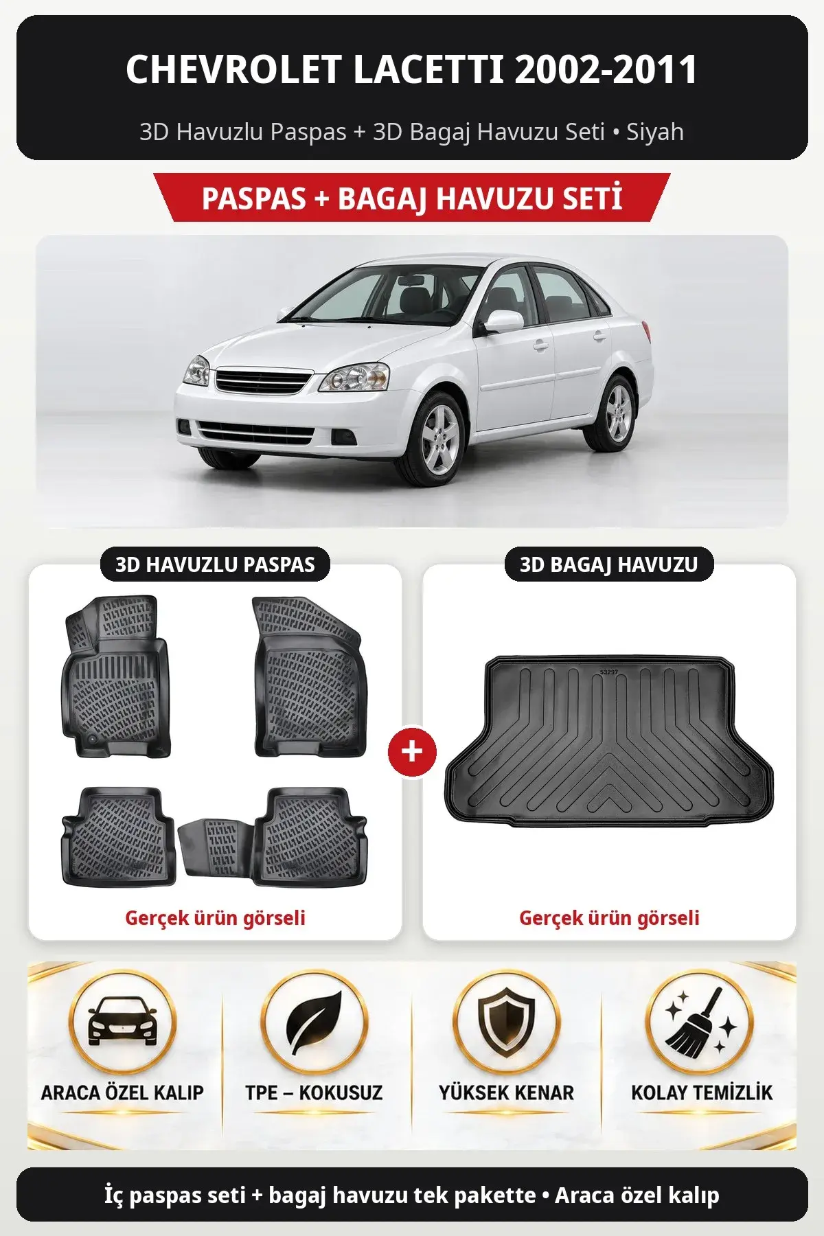 Chevrolet Lacetti 2002-2011 3D Havuzlu Paspas + 3D Bagaj Havuzu Seti Siyah (1)