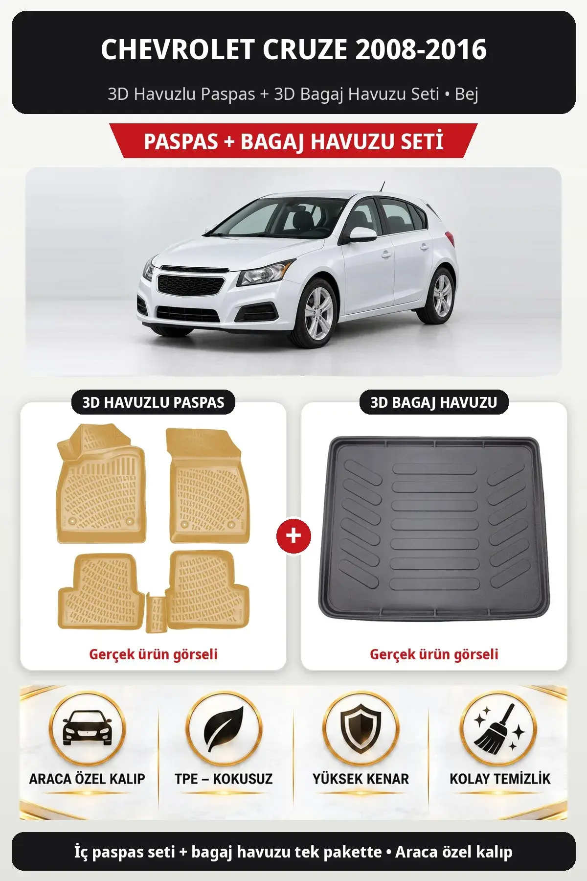 Chevrolet Cruze 2008-2016 3D Havuzlu Paspas + 3D Bagaj Havuzu Seti Bej (1)