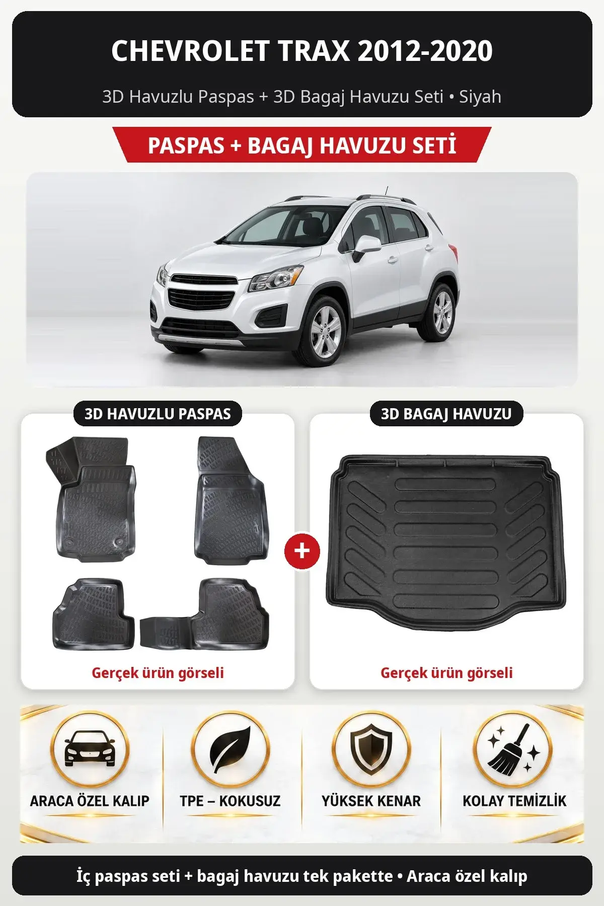 Chevrolet Trax 2012-2020 3D Havuzlu Paspas + 3D Bagaj Havuzu Seti Siyah (1)