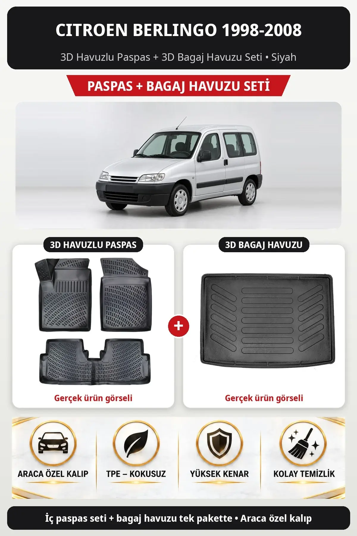 Citroen Berlingo 1998-2008 3D Havuzlu Paspas + 3D Bagaj Havuzu Seti Siyah (1)