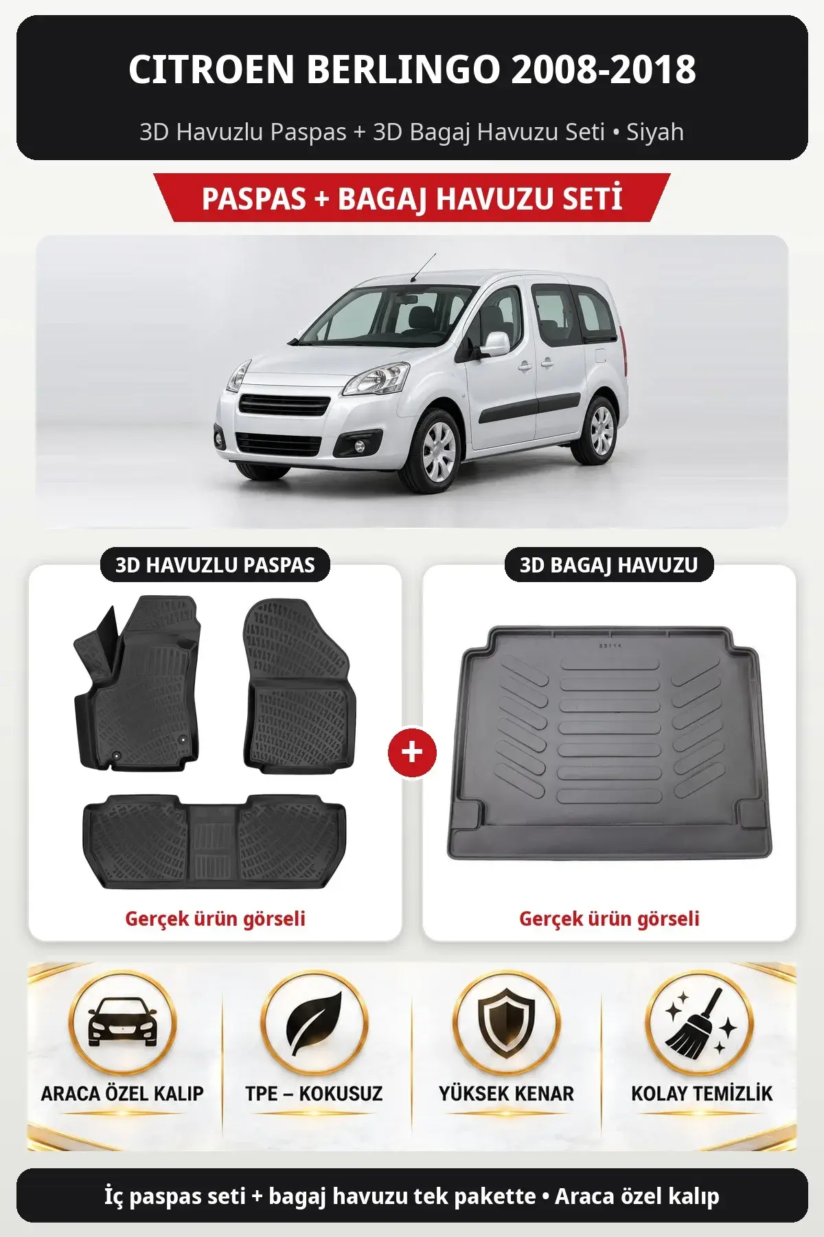 Citroen Berlingo 2008-2018 3D Havuzlu Paspas + 3D Bagaj Havuzu Seti Siyah (1)