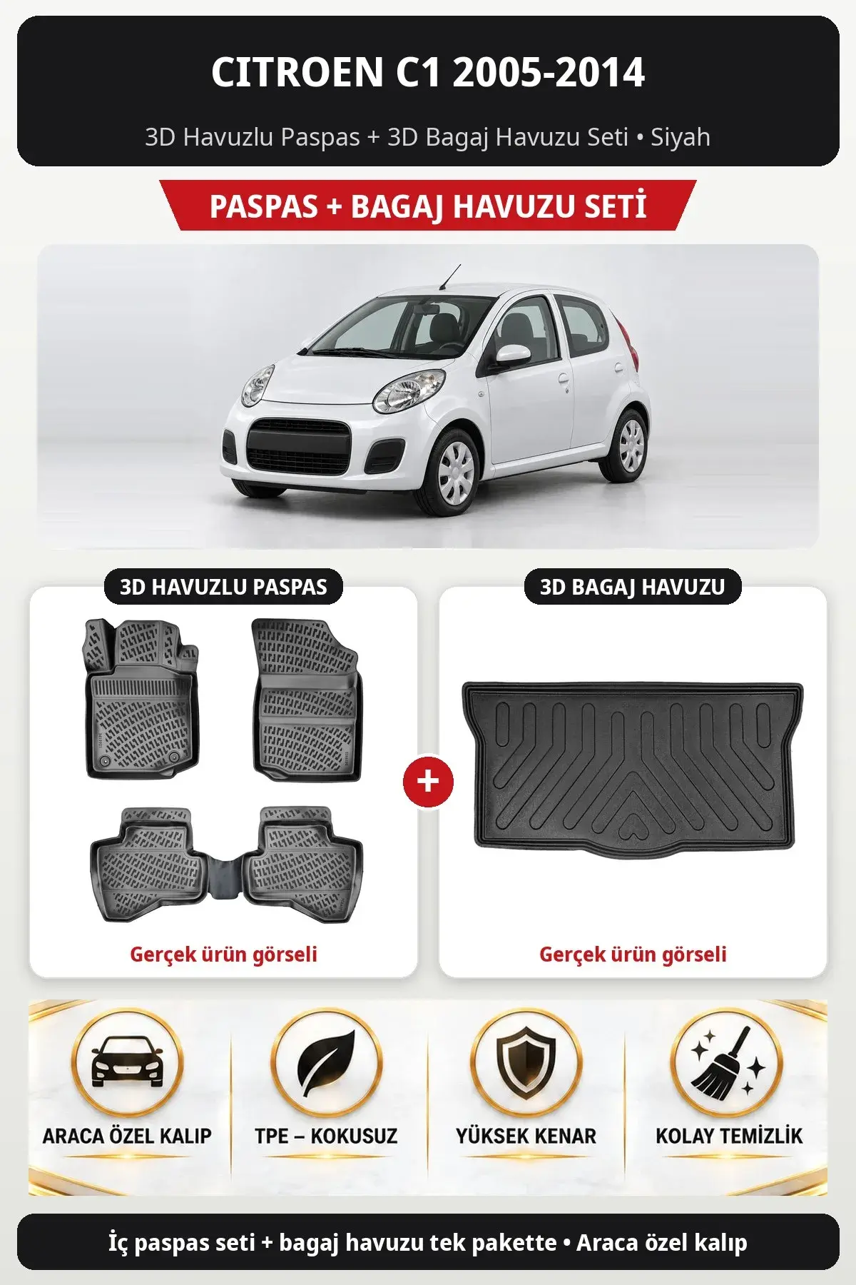 Citroen C1 2005-2014 3D Havuzlu Paspas + 3D Bagaj Havuzu Seti Siyah (1)
