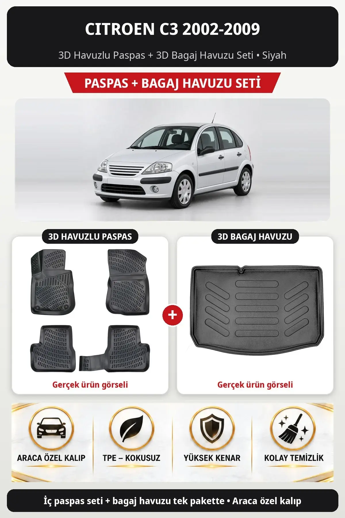 Citroen C3 2002-2009 3D Havuzlu Paspas + 3D Bagaj Havuzu Seti Siyah (1)