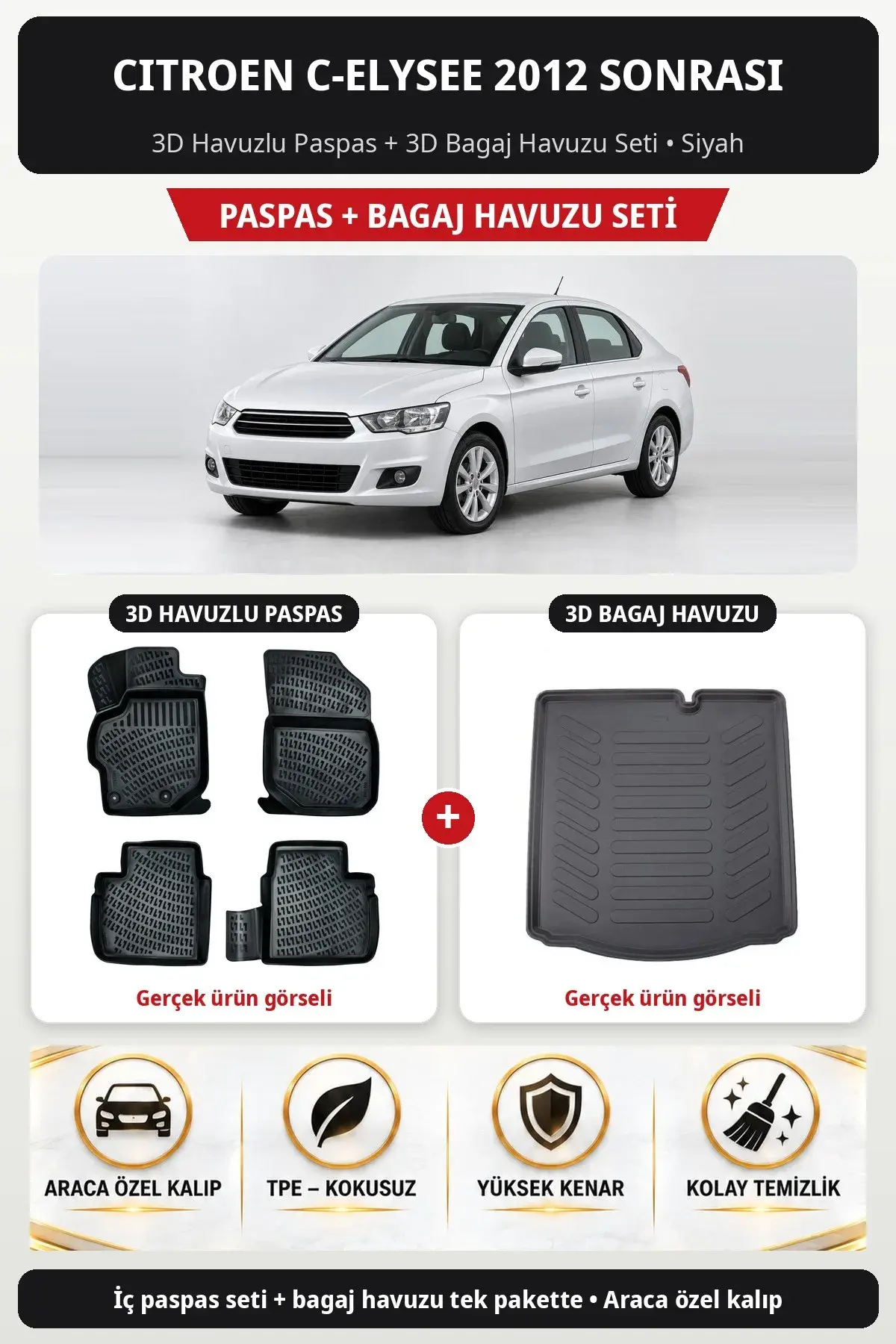 Citroen C-Elysee 2012 Sonrası 3D Havuzlu Paspas + 3D Bagaj Havuzu Seti Siyah (1)