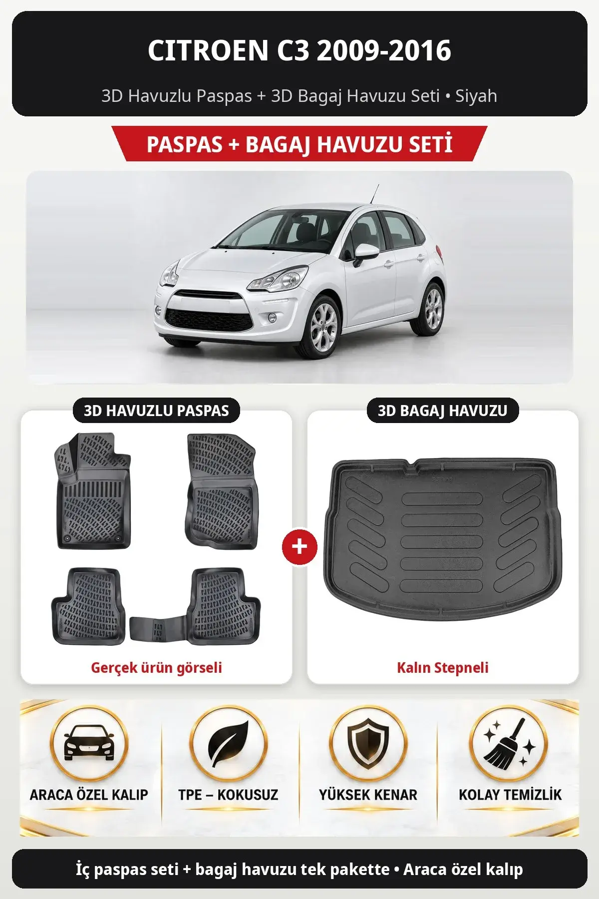 Citroen C3 2009-2016 3D Havuzlu Paspas + 3D Bagaj Havuzu Seti (Kalın Stepneli) Siyah (1)