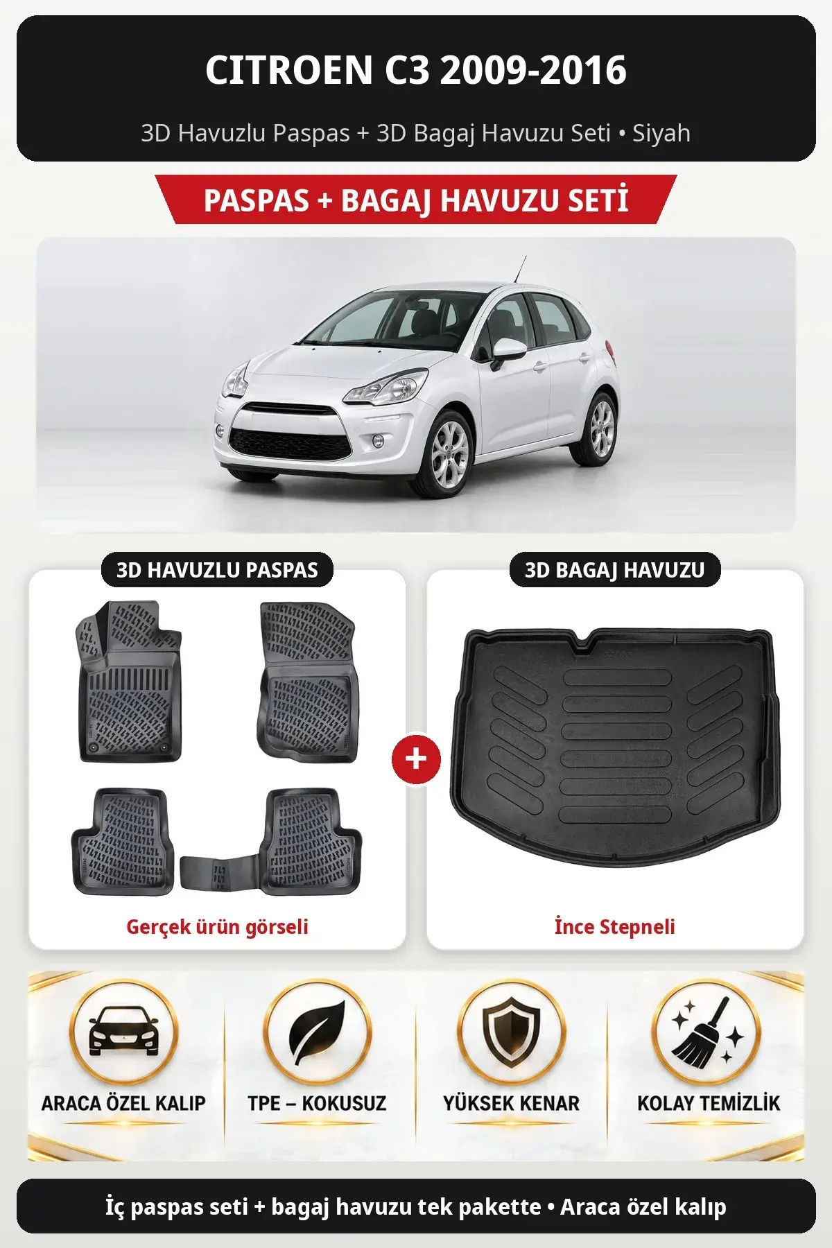 Citroen C3 2009-2016 3D Havuzlu Paspas + 3D Bagaj Havuzu Seti (İnce Stepneli) Siyah (1)