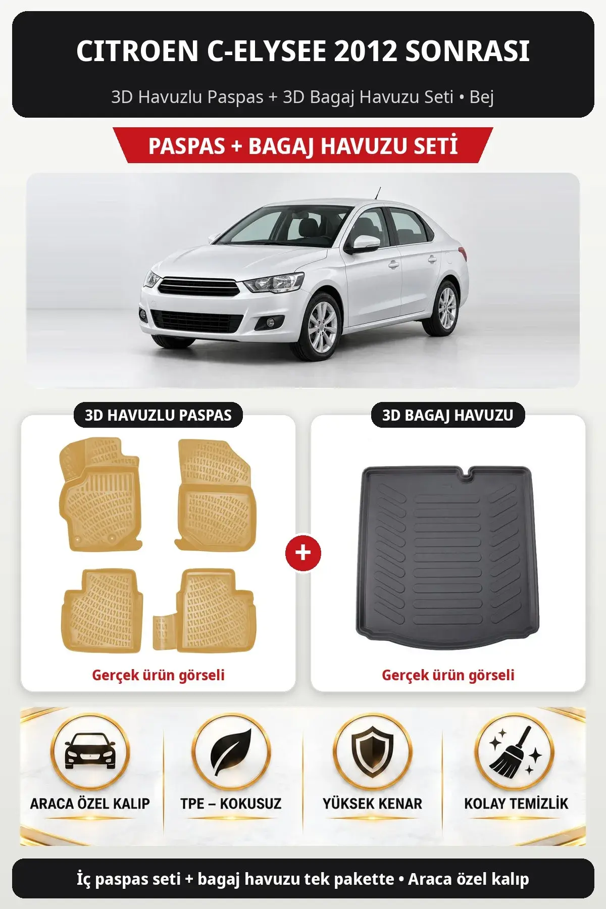 Citroen C-Elysee 2012 Sonrası 3D Havuzlu Paspas + 3D Bagaj Havuzu Seti Bej (1)