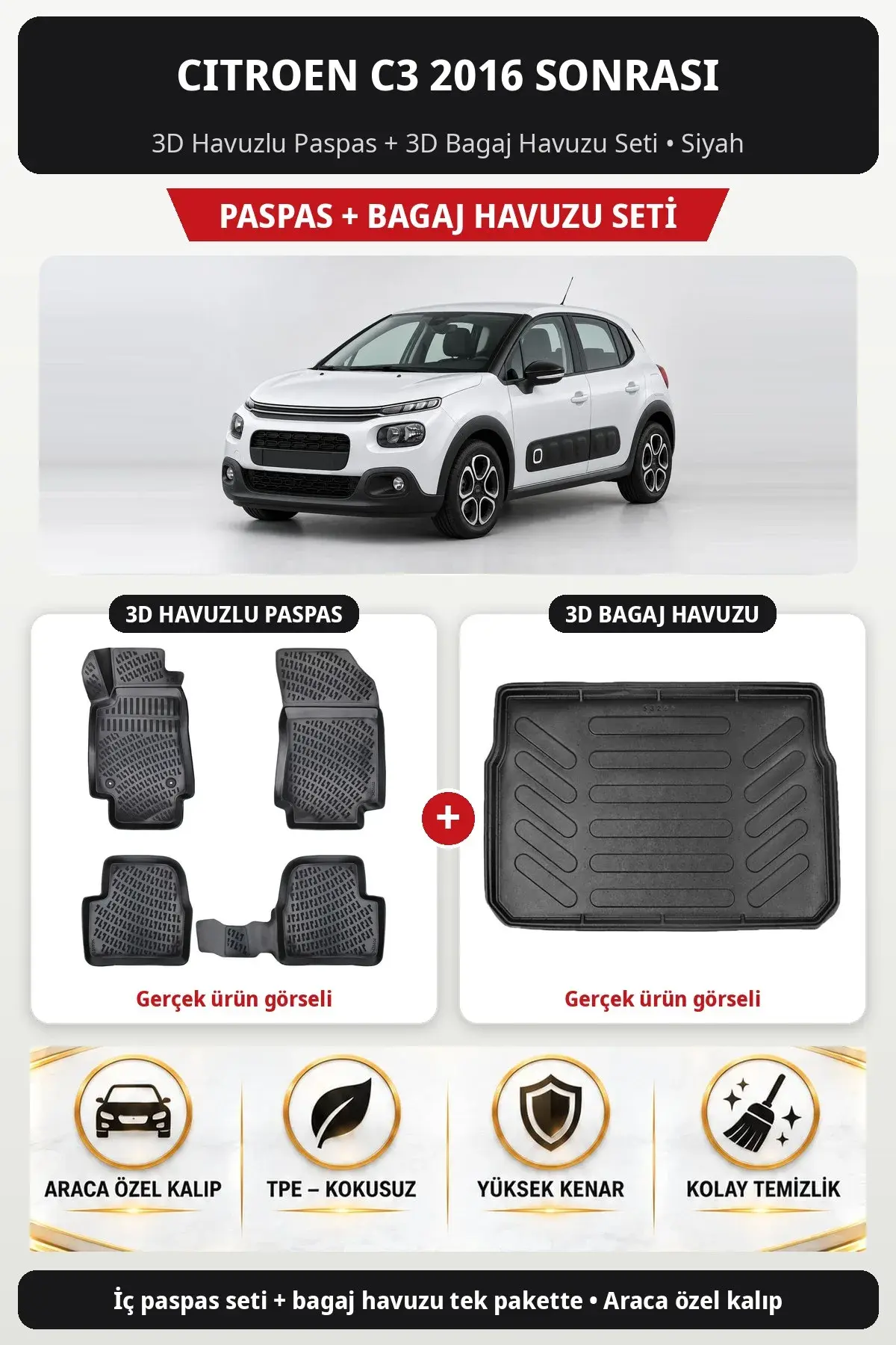 Citroen C3 2016 Sonrası 3D Havuzlu Paspas + 3D Bagaj Havuzu Seti Siyah (1)