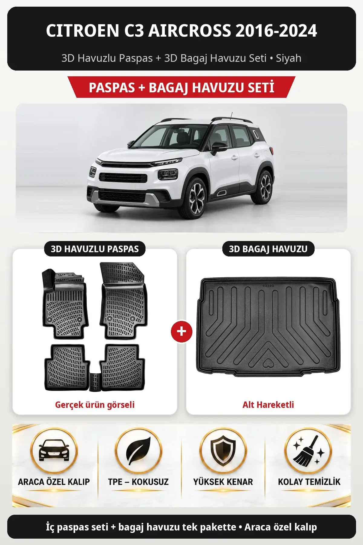 Citroen C3 Aircross 2016-2024 3D Havuzlu Paspas + 3D Bagaj Havuzu Seti (Alt Hareketli) Siyah (1)