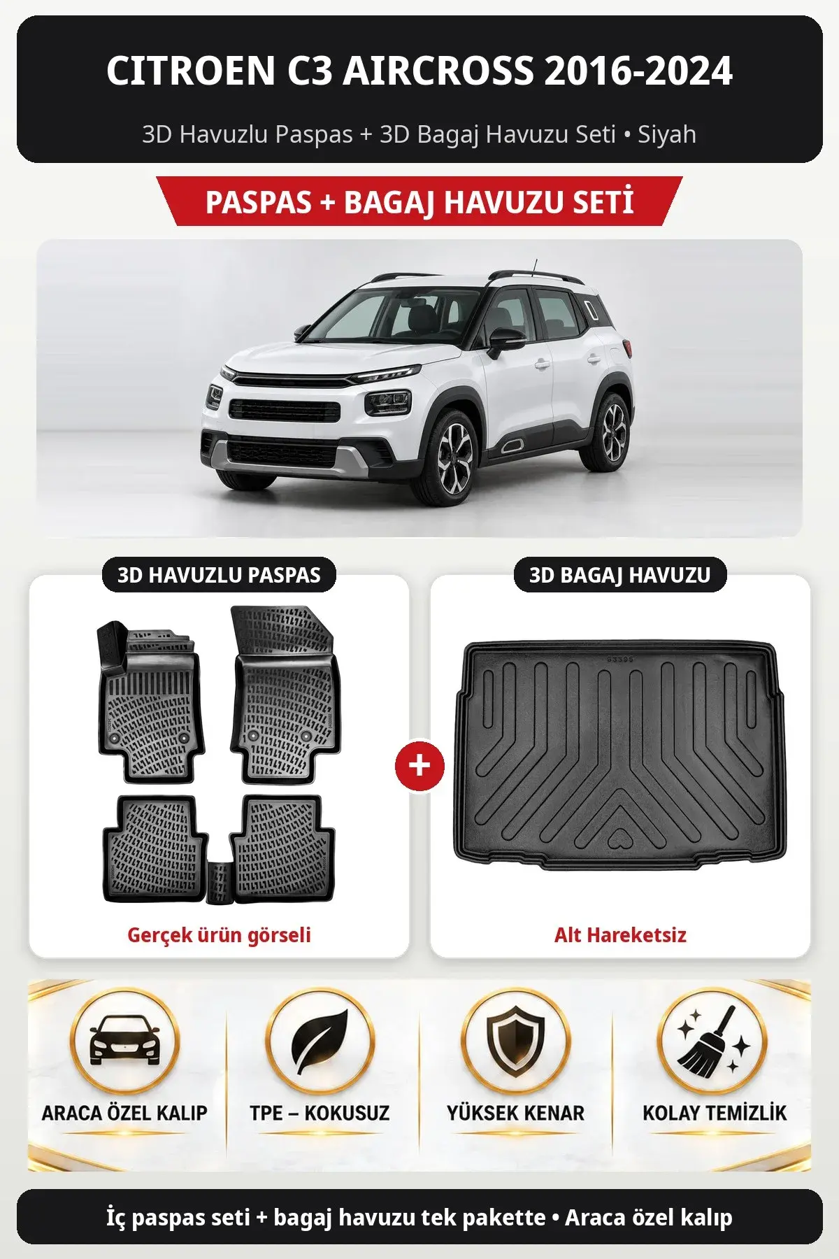 Citroen C3 Aircross 2016-2024 3D Havuzlu Paspas + 3D Bagaj Havuzu Seti (Alt Hareketsiz) Siyah (1)