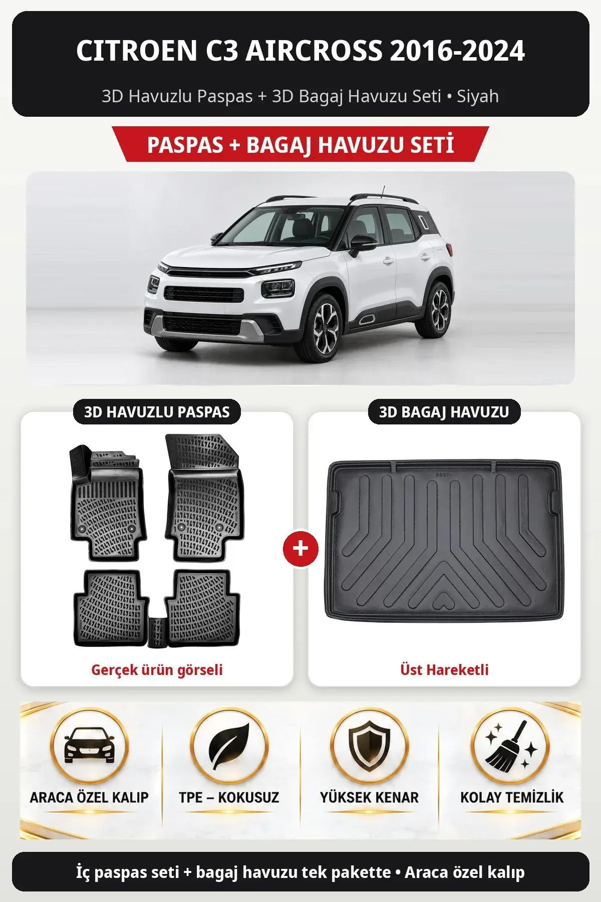 Citroen C3 Aircross 2016-2024 3D Havuzlu Paspas + 3D Bagaj Havuzu Seti (Üst Hareketli) Siyah (1)