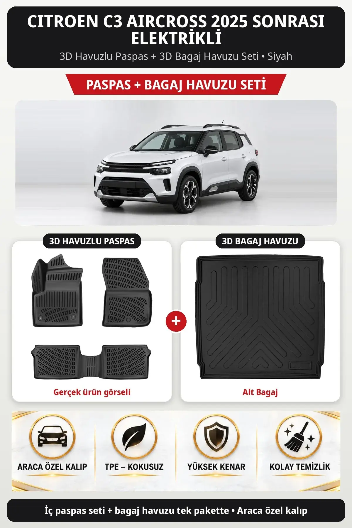 Citroen C3 Aircross 2025 Sonrası Elektrikli 3D Paspas + Bagaj Havuzu Seti (Alt Bagaj) Siyah (1)