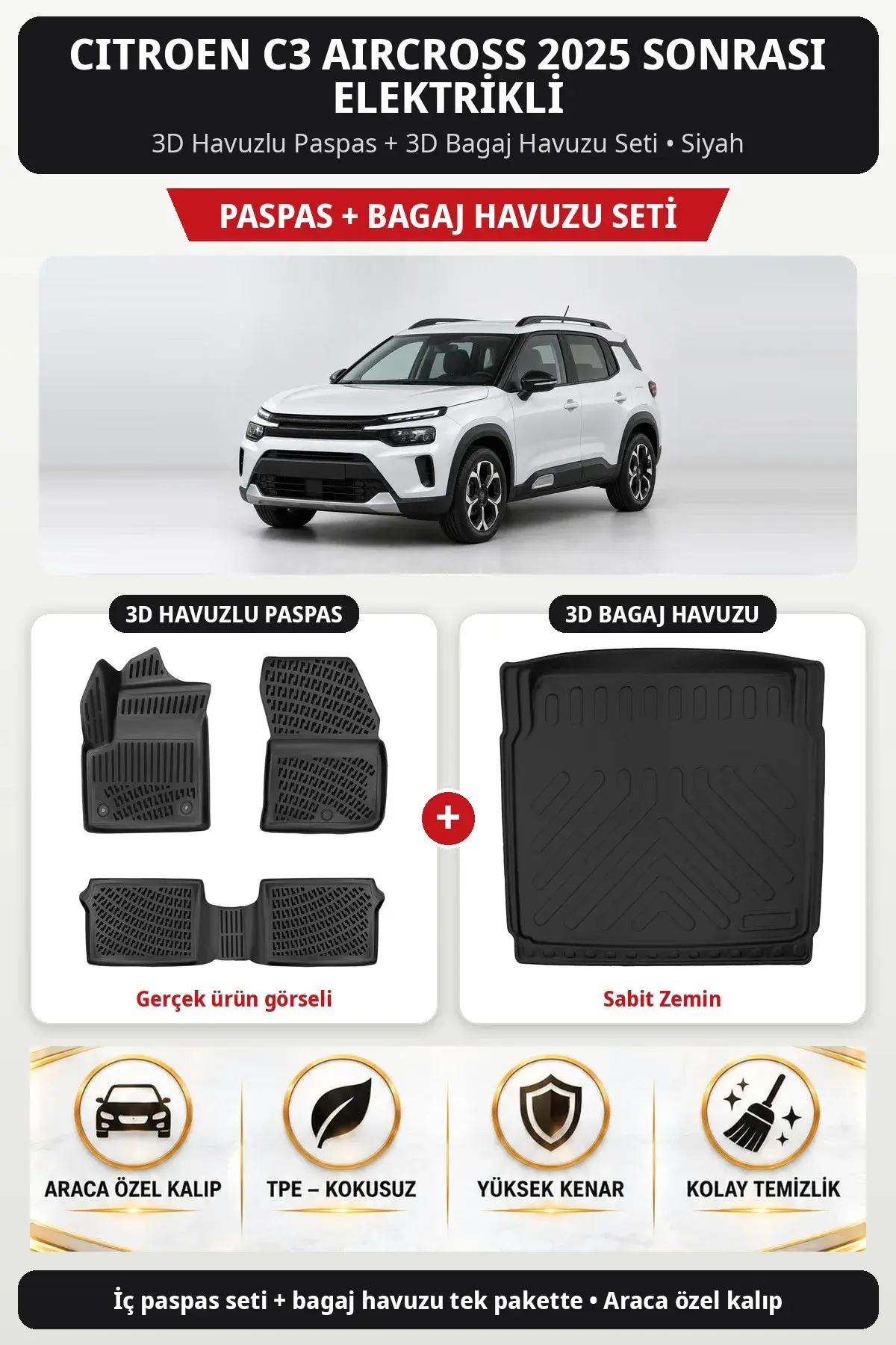Citroen C3 Aircross 2025 Sonrası Elektrikli 3D Paspas + Bagaj Havuzu Seti (Sabit Zemin) Siyah (1)