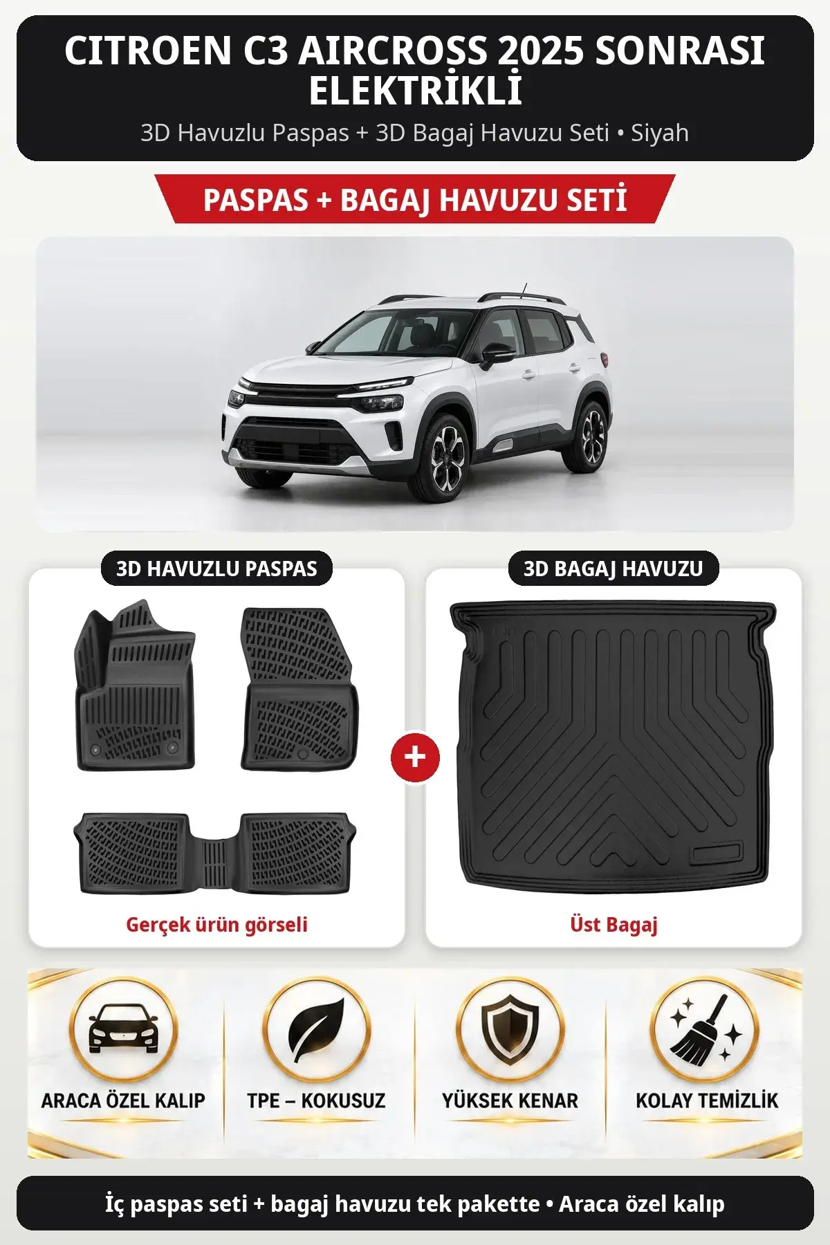 Citroen C3 Aircross 2025 Sonrası Elektrikli 3D Paspas + Bagaj Havuzu Seti (Üst Bagaj) Siyah (1)