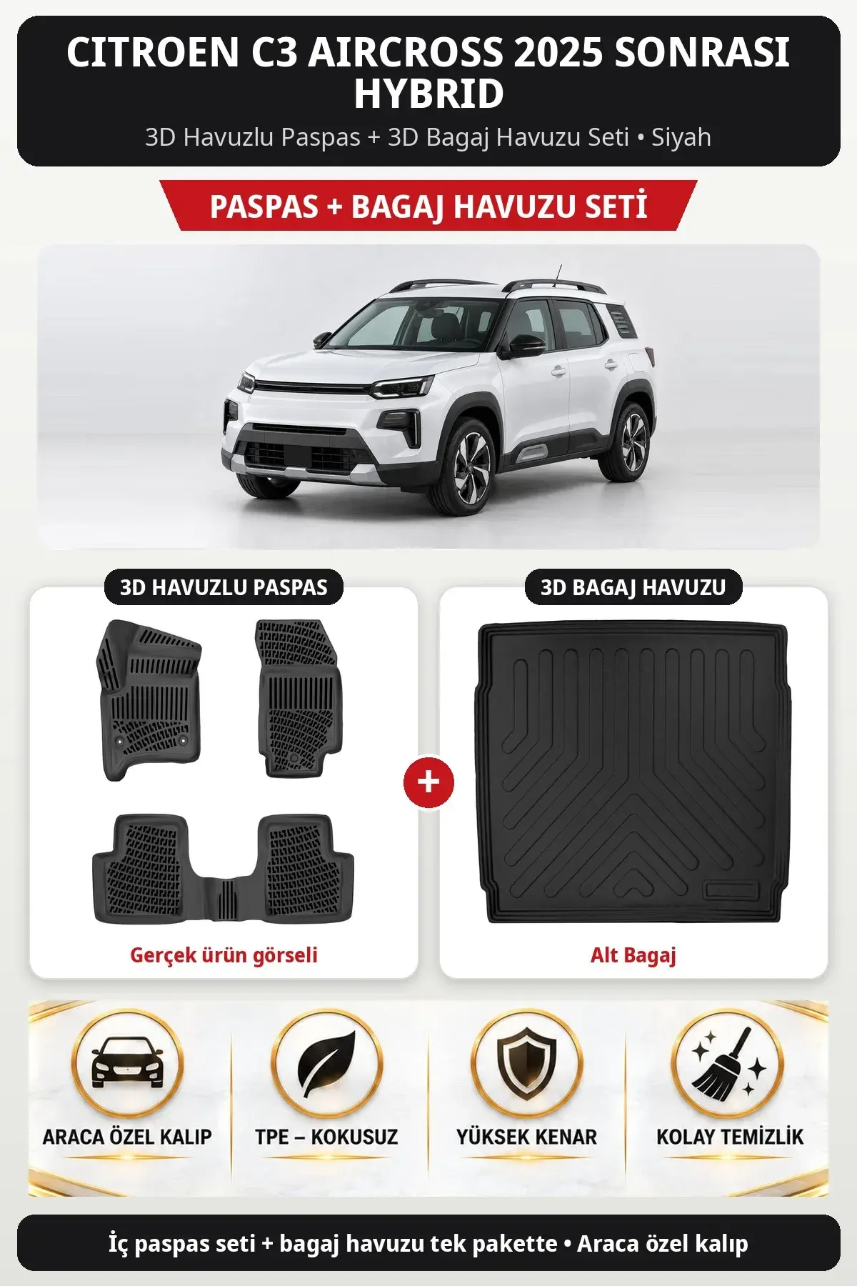 Citroen C3 Aircross 2025 Sonrası Hybrid 3D Havuzlu Paspas + 3D Bagaj Havuzu Seti (Alt Bagaj) Siyah (1)