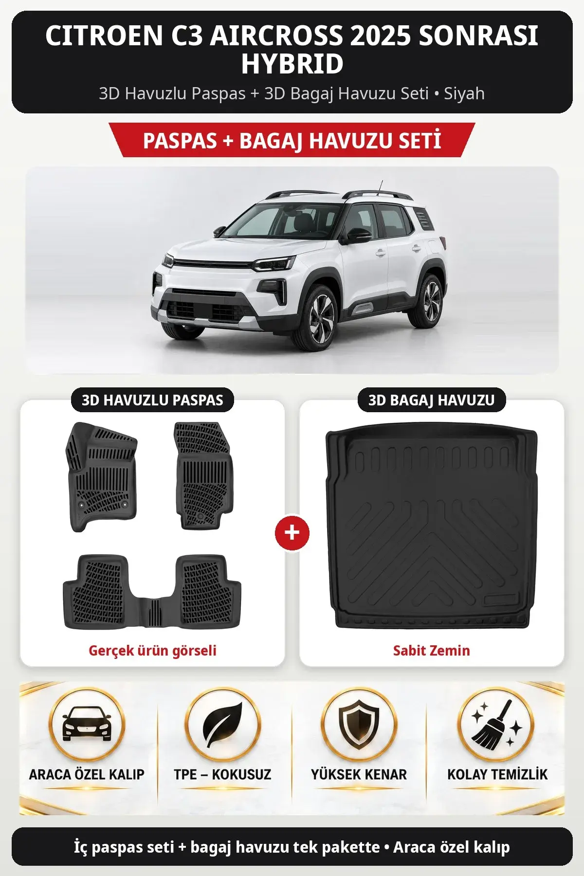 Citroen C3 Aircross 2025 Sonrası Hybrid 3D Havuzlu Paspas + 3D Bagaj Havuzu Seti (Sabit Zemin) Siyah (1)