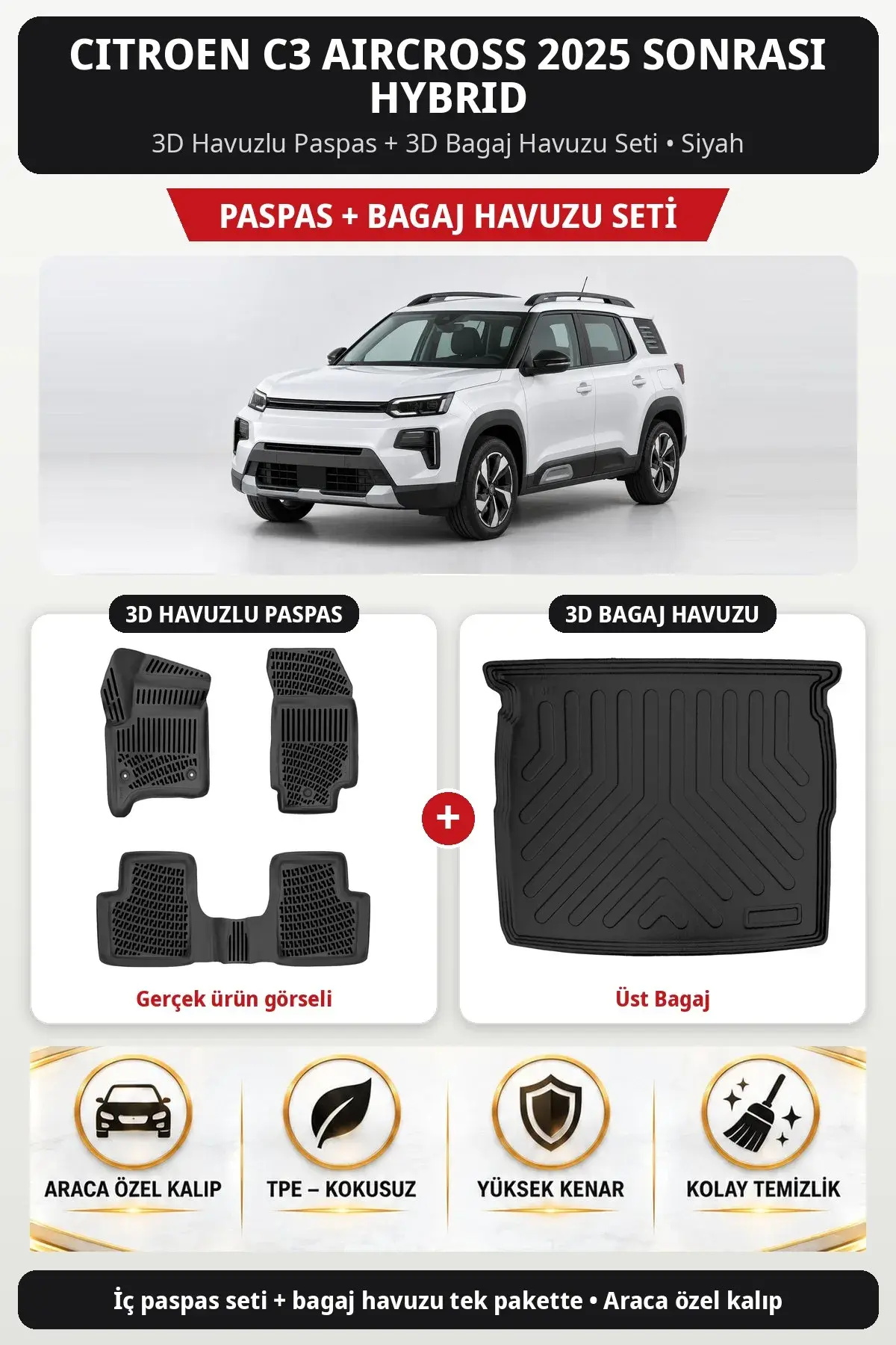Citroen C3 Aircross 2025 Sonrası Hybrid 3D Havuzlu Paspas + 3D Bagaj Havuzu Seti (Üst Bagaj) Siyah (1)