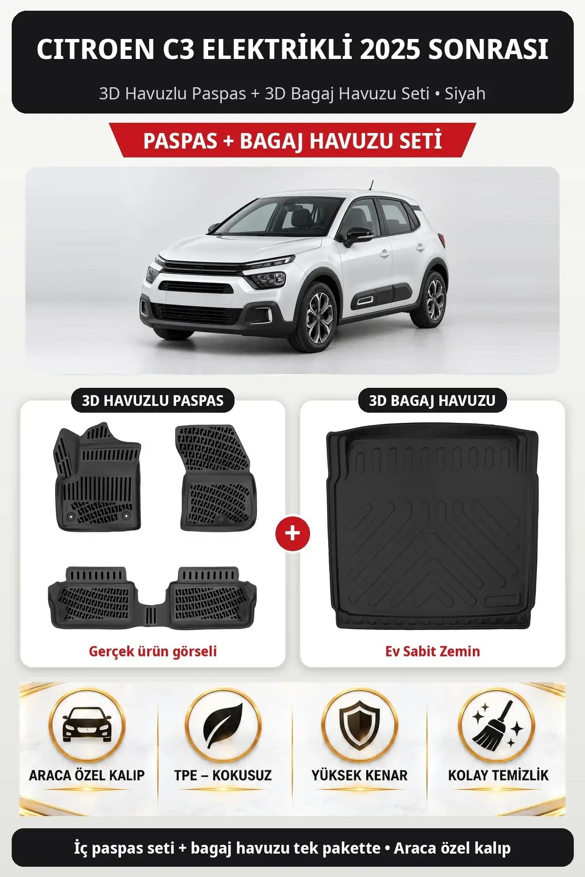 Citroen C3 Elektrikli 2025 Sonrası 3D Havuzlu Paspas + 3D Bagaj Havuzu Seti (Ev Sabit Zemin) Siyah (1)