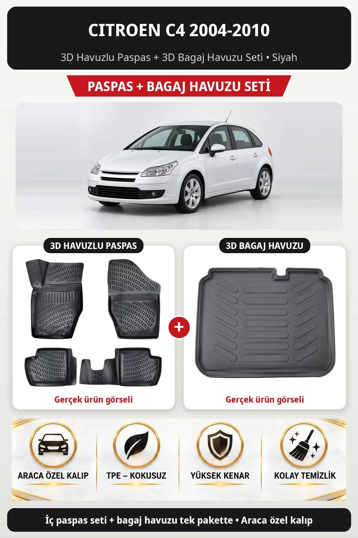 Citroen C4 2004-2010 3D Havuzlu Paspas + 3D Bagaj Havuzu Seti Siyah (1)
