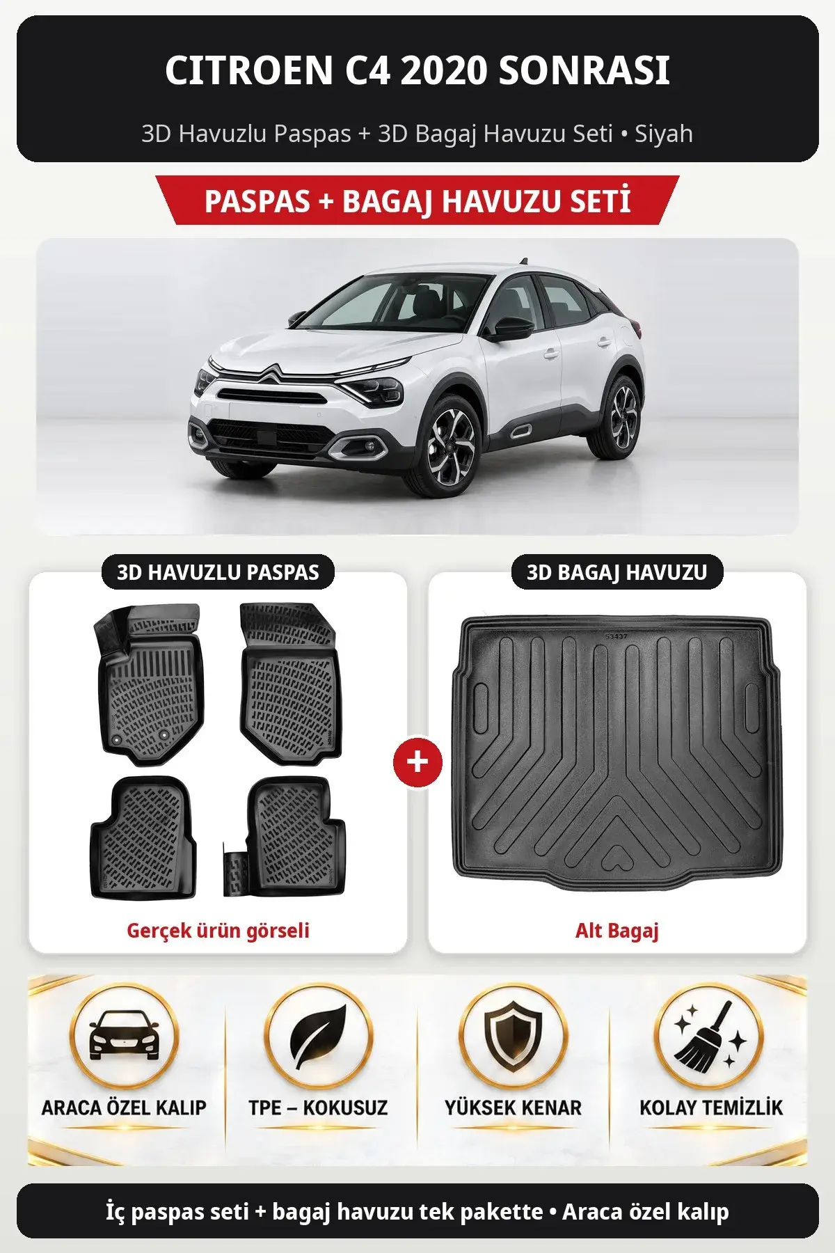 Citroen C4 2020 Sonrası 3D Havuzlu Paspas + 3D Bagaj Havuzu Seti (Alt Bagaj) Siyah (1)