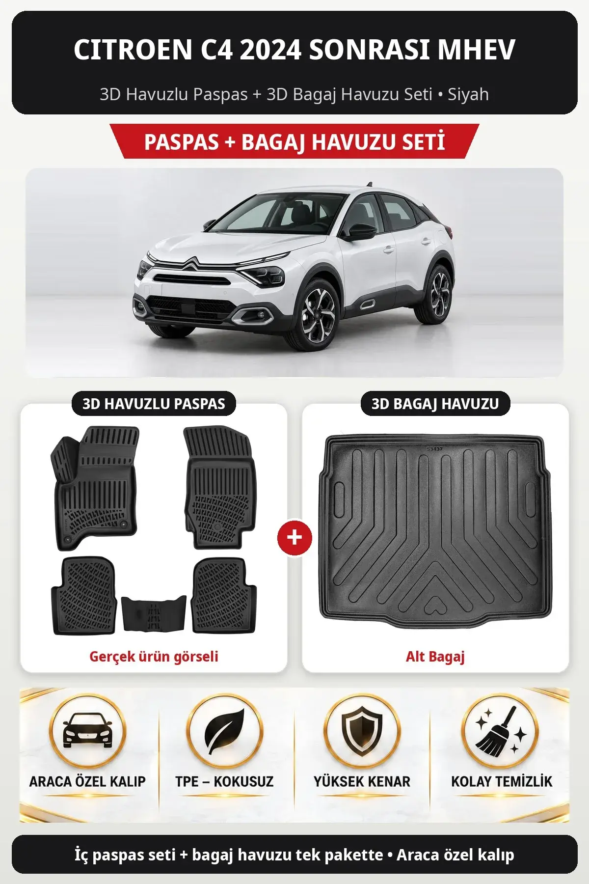 Citroen C4 2024 Sonrası MHEV 3D Havuzlu Paspas + 3D Bagaj Havuzu Seti (Alt Bagaj) Siyah (1)