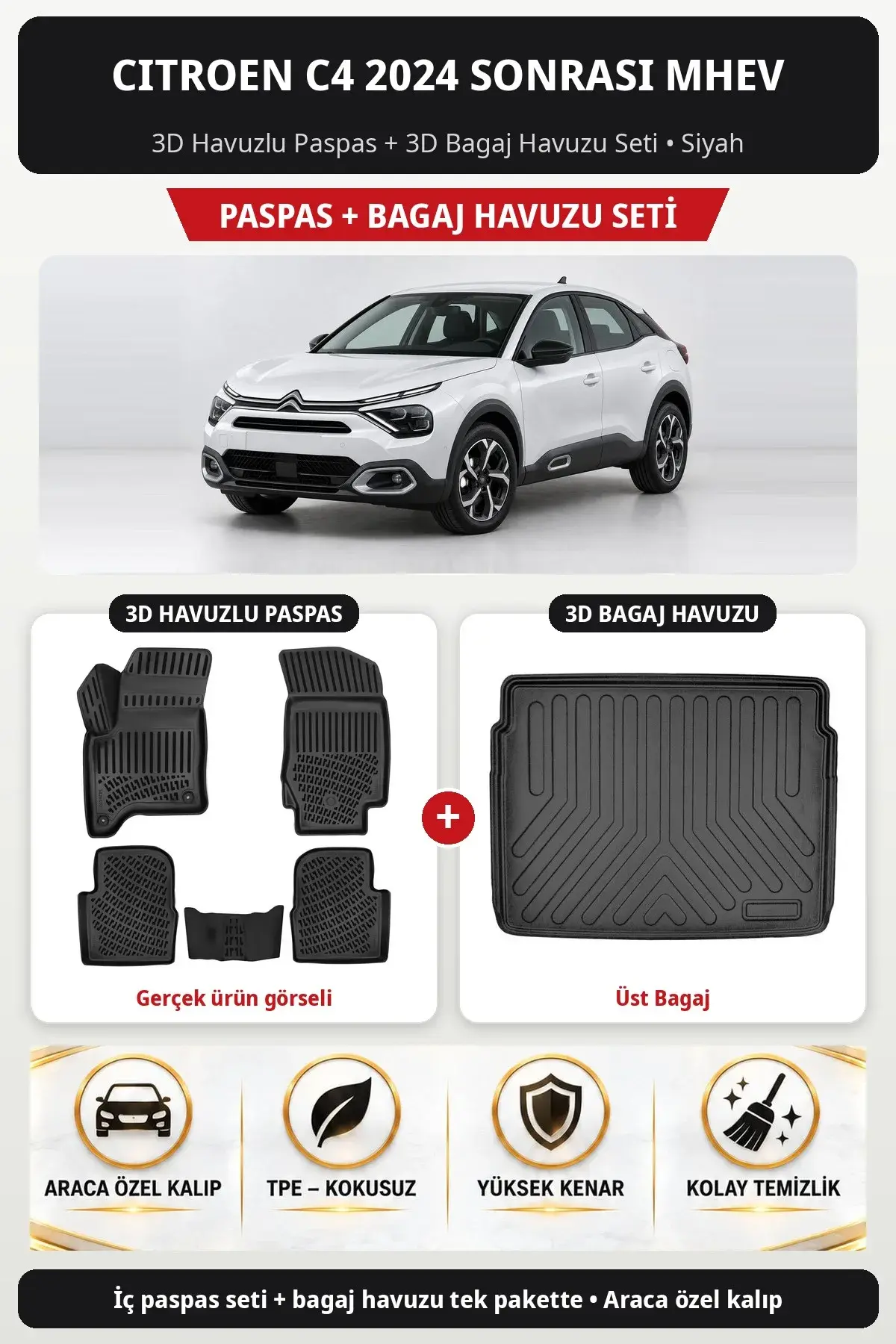 Citroen C4 2024 Sonrası MHEV 3D Havuzlu Paspas + 3D Bagaj Havuzu Seti (Üst Bagaj) Siyah (1)