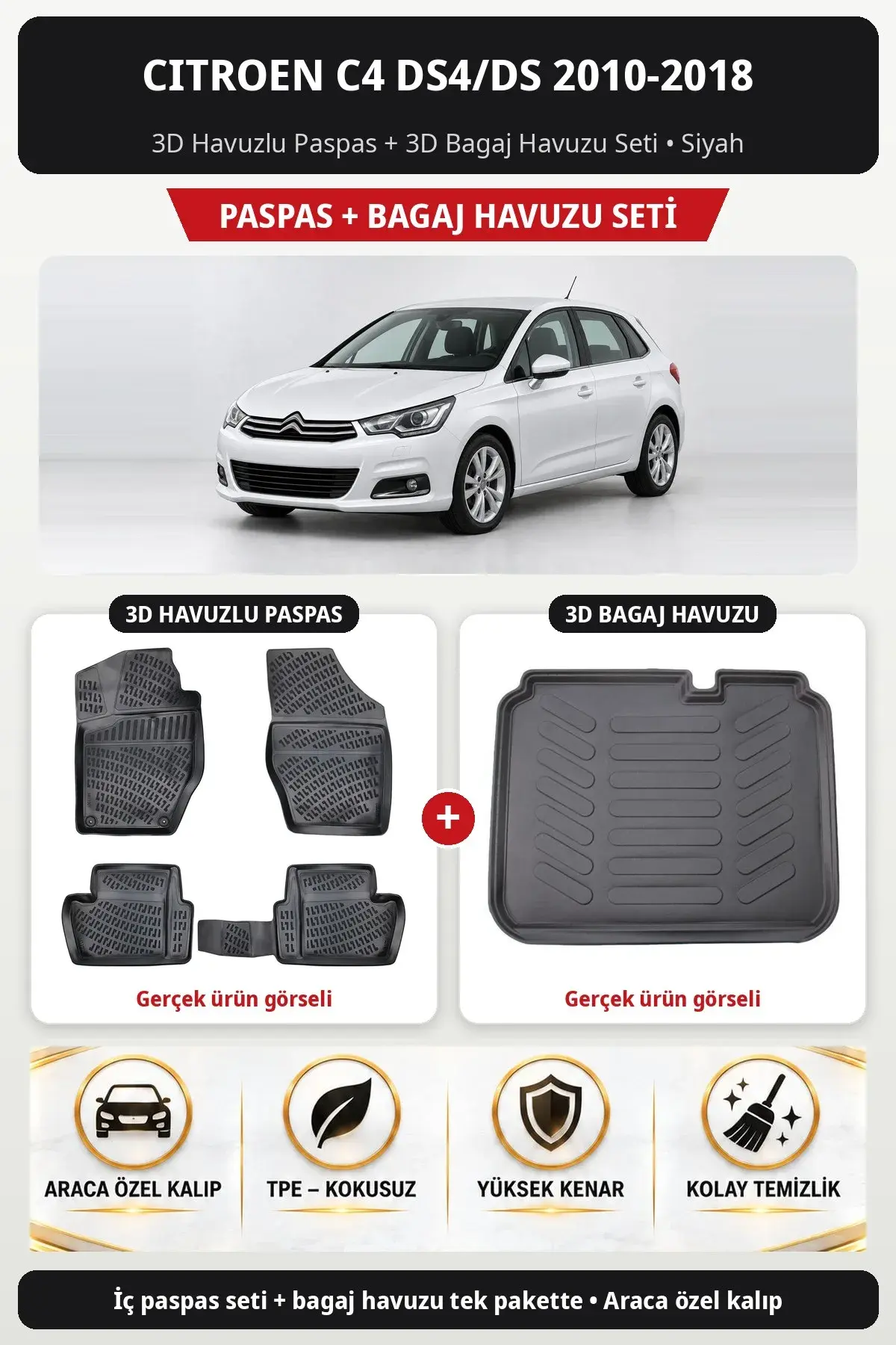 Citroen C4 DS4/DS 2010-2018 3D Havuzlu Paspas + 3D Bagaj Havuzu Seti Siyah (1)