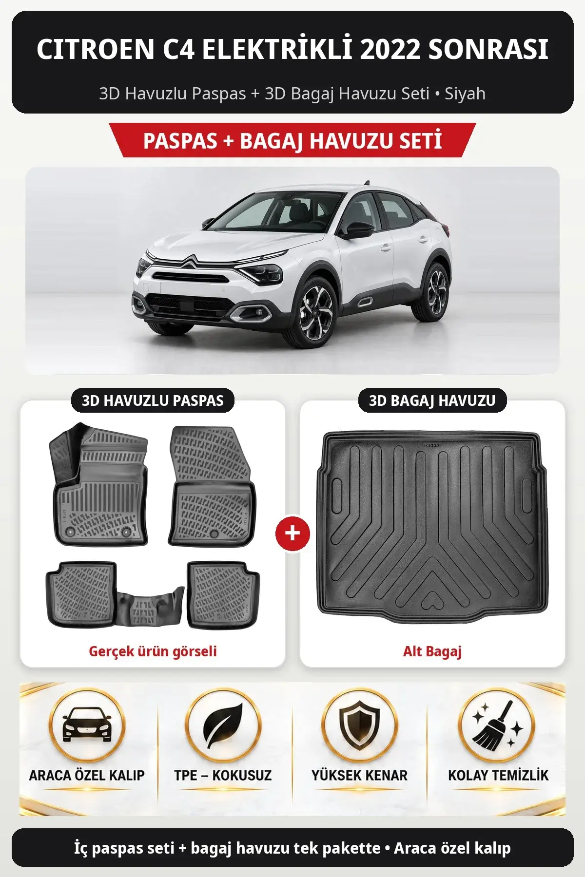 Citroen C4 Elektrikli 2022 Sonrası 3D Havuzlu Paspas + 3D Bagaj Havuzu Seti (Alt Bagaj) Siyah (1)