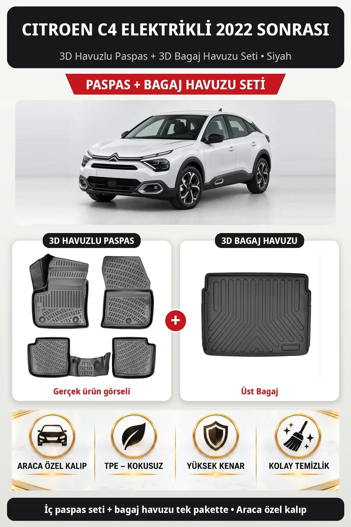 Citroen C4 Elektrikli 2022 Sonrası 3D Havuzlu Paspas + 3D Bagaj Havuzu Seti (Üst Bagaj) Siyah (1)