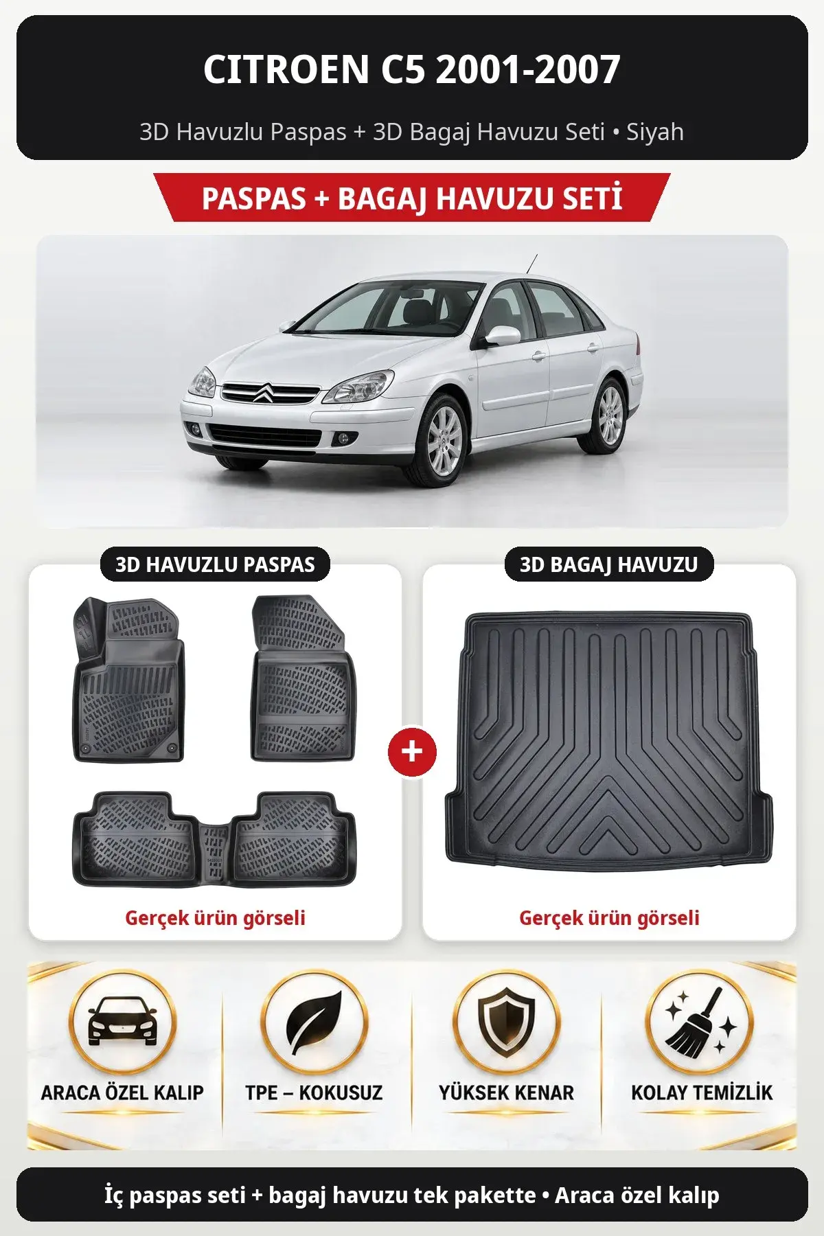 Citroen C5 2001-2007 3D Havuzlu Paspas + 3D Bagaj Havuzu Seti Siyah (1)