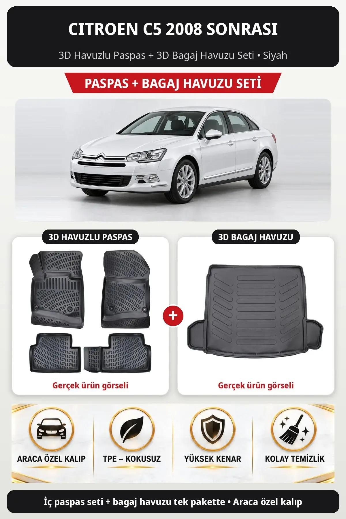 Citroen C5 2008 Sonrası 3D Havuzlu Paspas + 3D Bagaj Havuzu Seti Siyah (1)