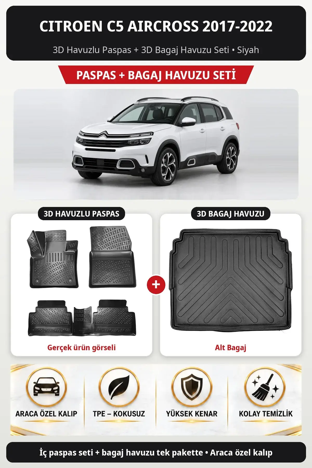 Citroen C5 Aircross 2017-2022 3D Havuzlu Paspas + 3D Bagaj Havuzu Seti (Alt Bagaj) Siyah (1)