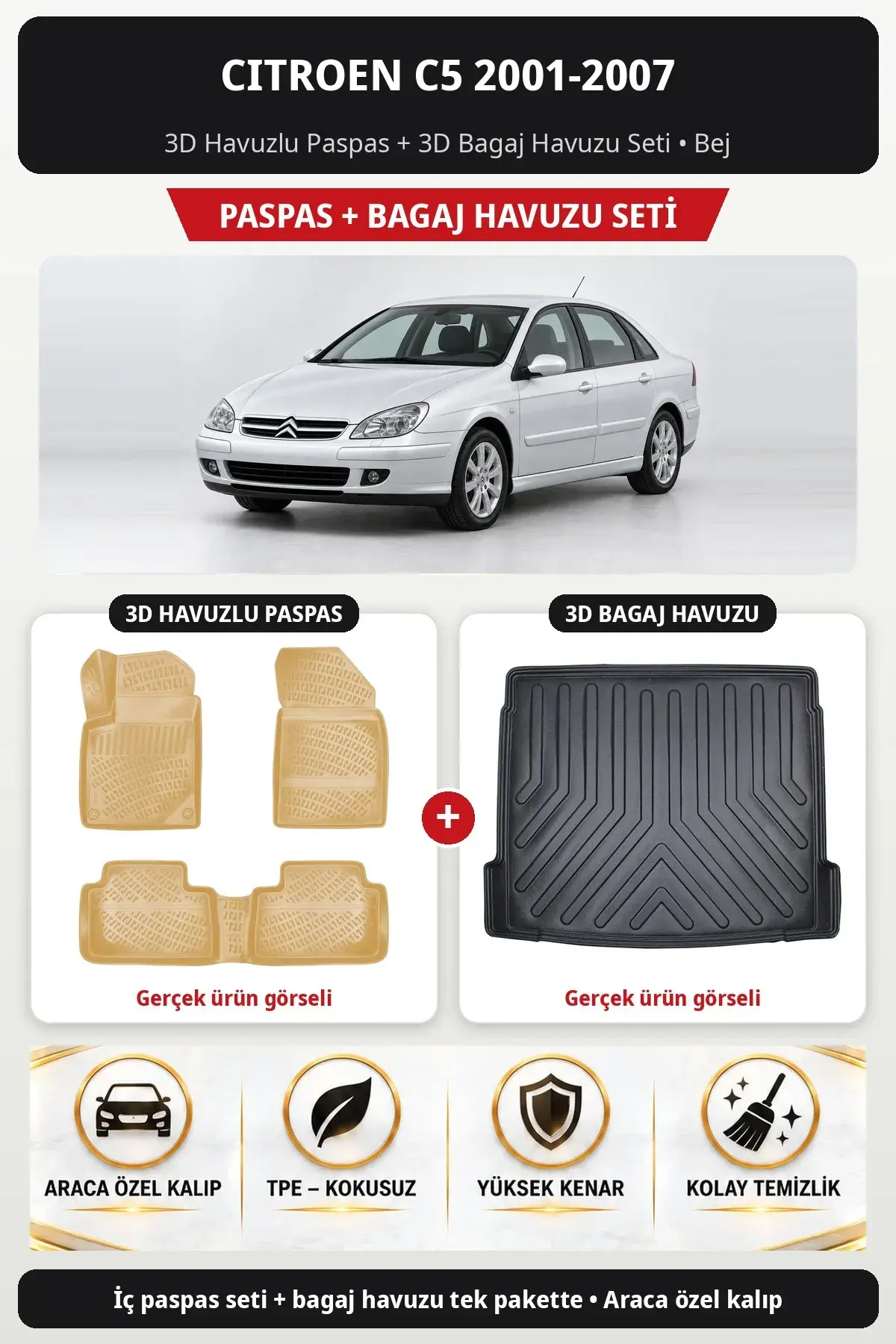 Citroen C5 2001-2007 3D Havuzlu Paspas + 3D Bagaj Havuzu Seti Bej (1)