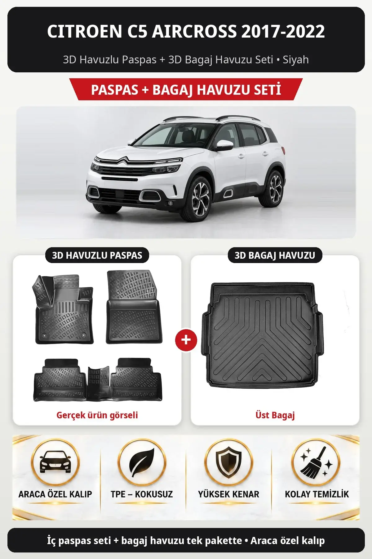 Citroen C5 Aircross 2017-2022 3D Havuzlu Paspas + 3D Bagaj Havuzu Seti (Üst Bagaj) Siyah (1)