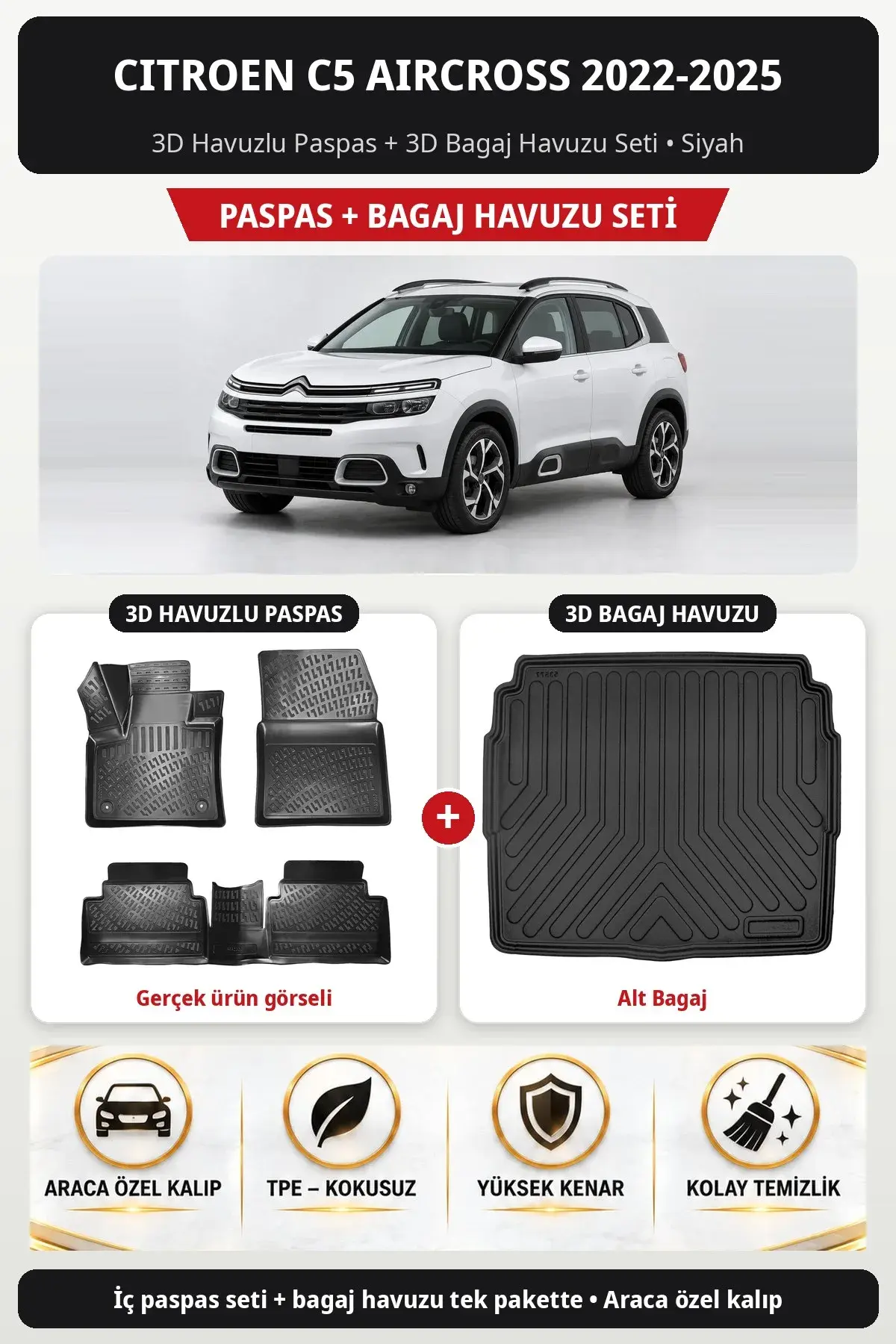 Citroen C5 Aircross 2022-2025 3D Havuzlu Paspas + 3D Bagaj Havuzu Seti (Alt Bagaj) Siyah (1)