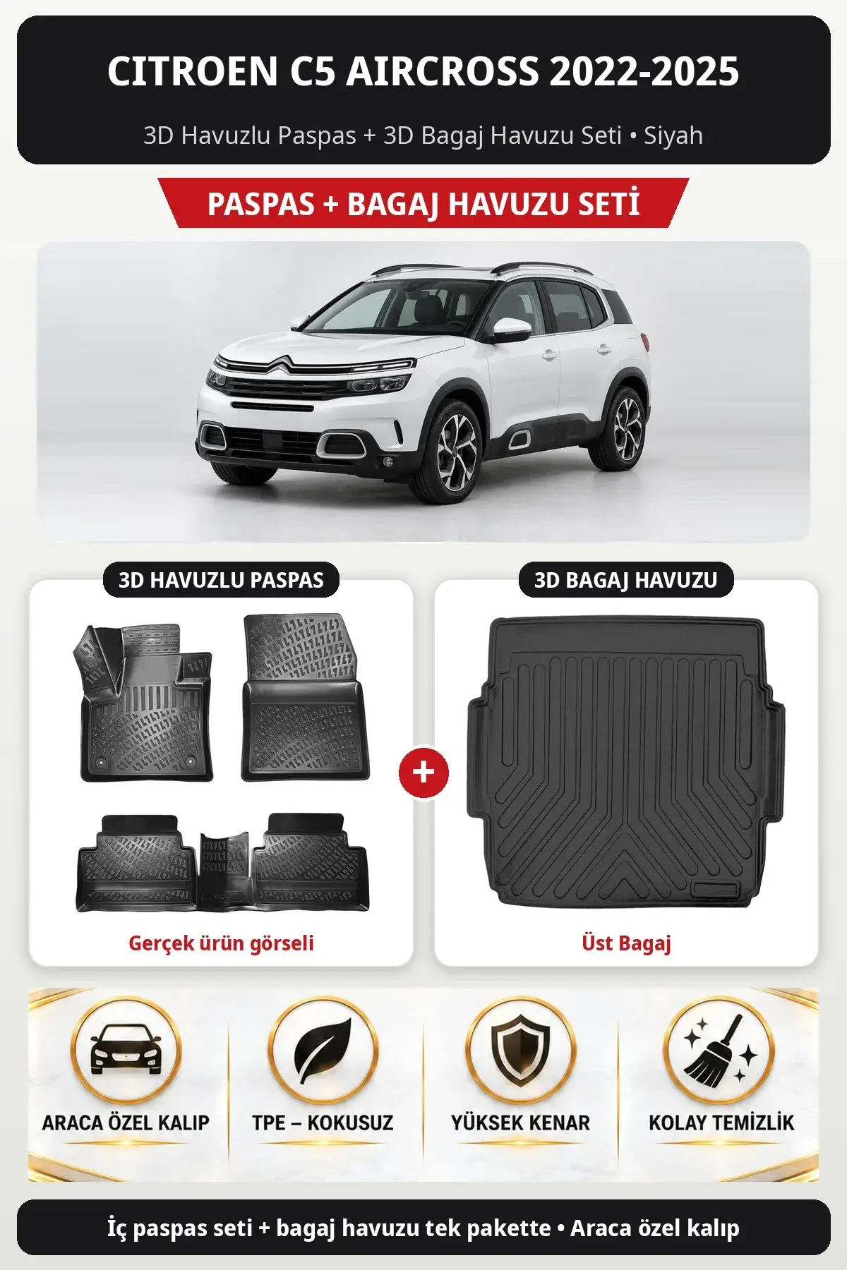 Citroen C5 Aircross 2022-2025 3D Havuzlu Paspas + 3D Bagaj Havuzu Seti (Üst Bagaj) Siyah (1)