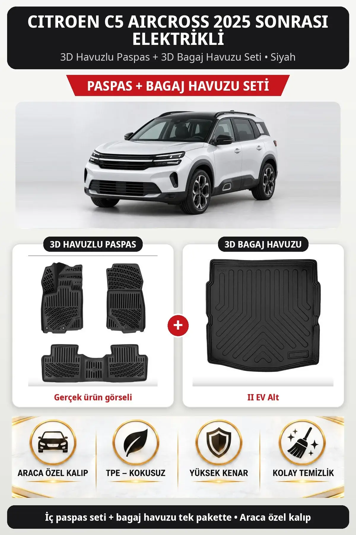 Citroen C5 Aircross 2025 Sonrası Elektrikli 3D Paspas + Bagaj Havuzu Seti (II EV Alt) Siyah (1)