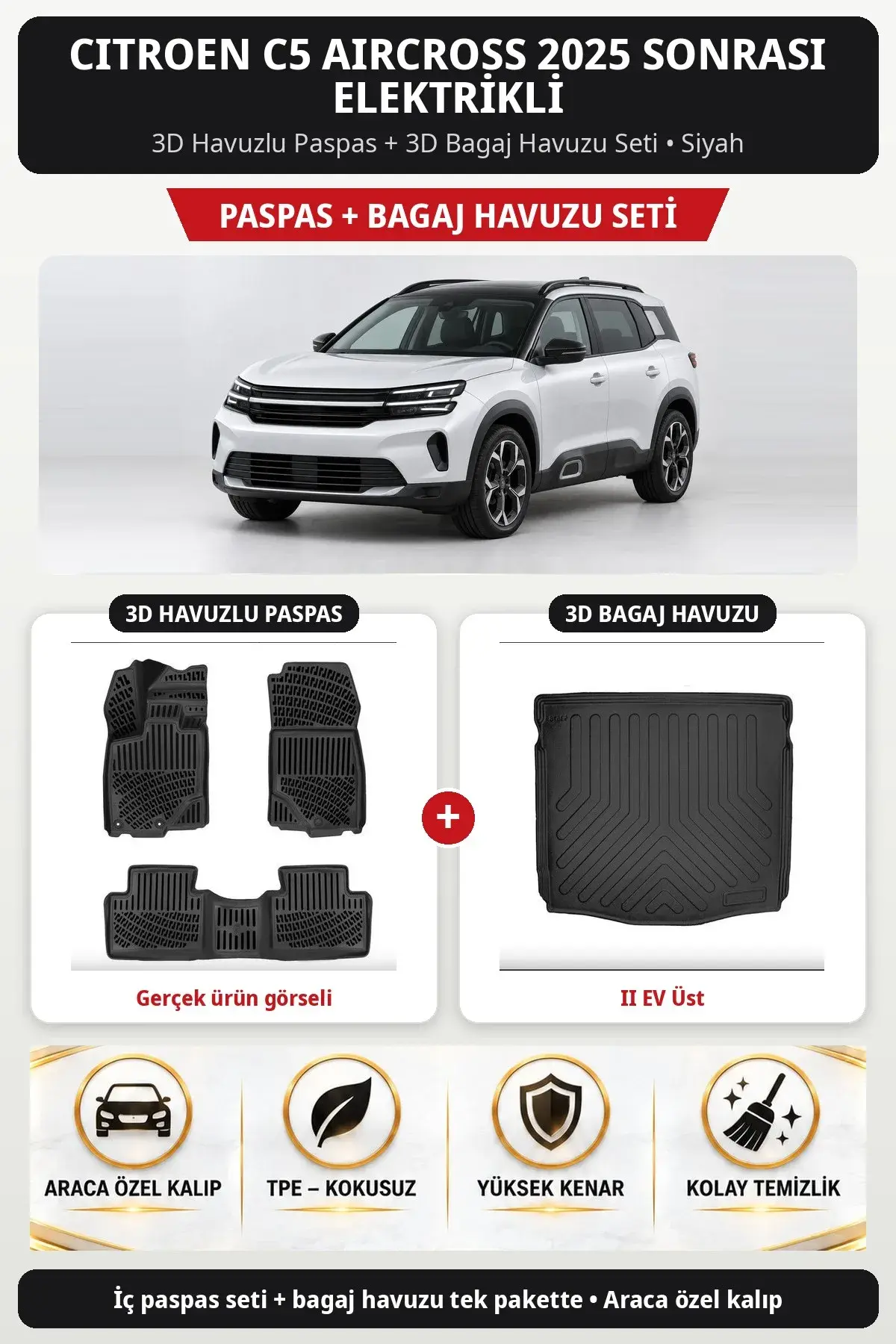 Citroen C5 Aircross 2025 Sonrası Elektrikli 3D Paspas + Bagaj Havuzu Seti (II EV Üst) Siyah (1)