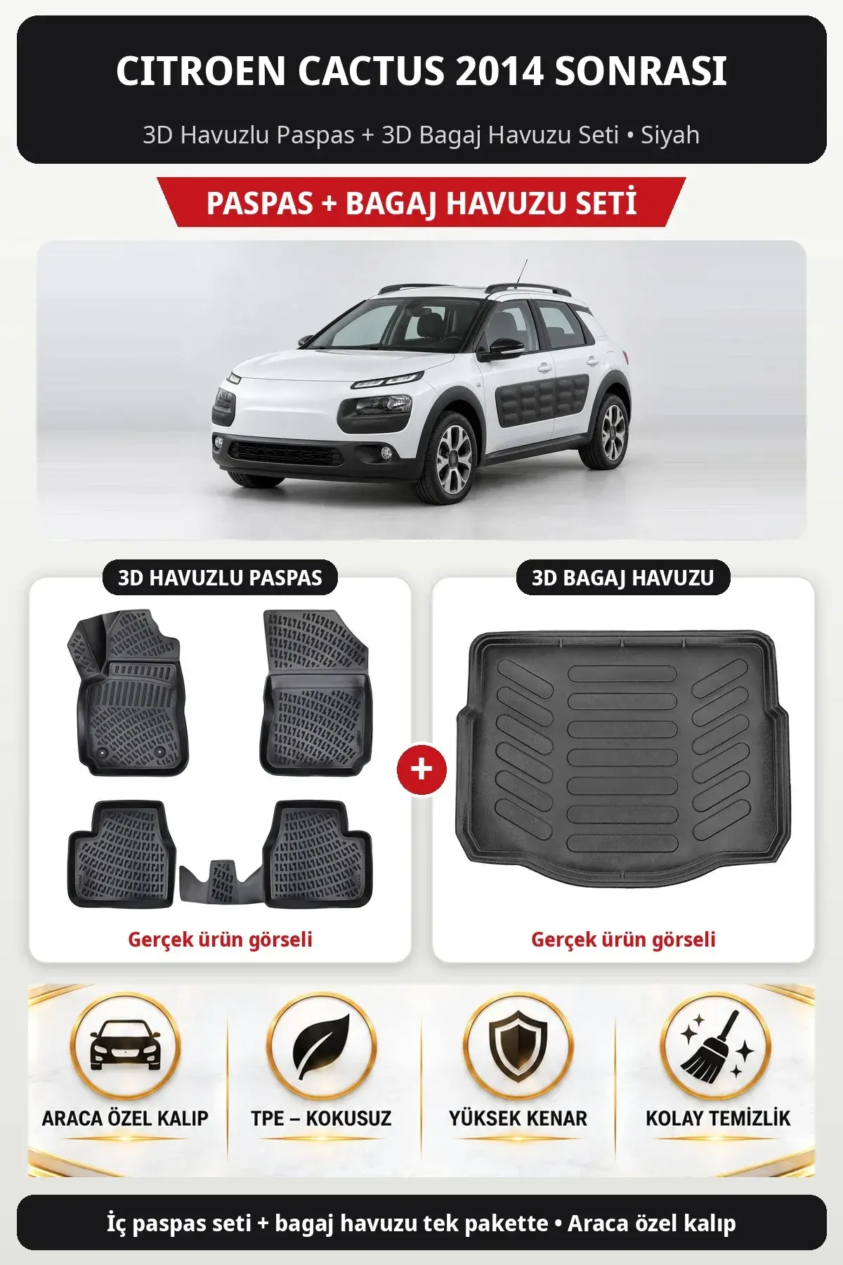 Citroen Cactus 2014 Sonrası 3D Havuzlu Paspas + 3D Bagaj Havuzu Seti Siyah (1)